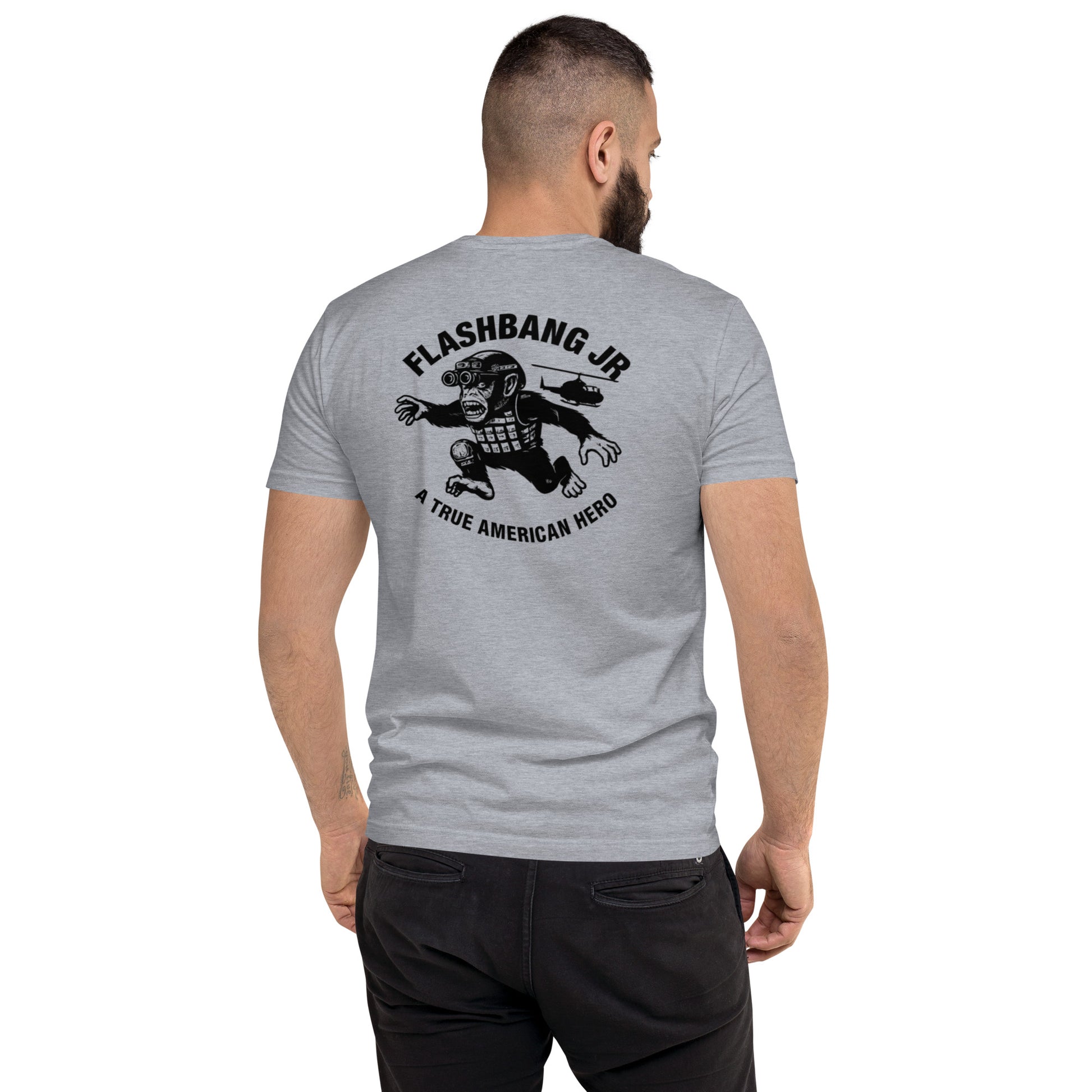 A True American Hero Lite T-shirt with a military monkey graphic, showcasing American heroism and pride in a lightweight, rugged design - Back  View - Black - Model Guy