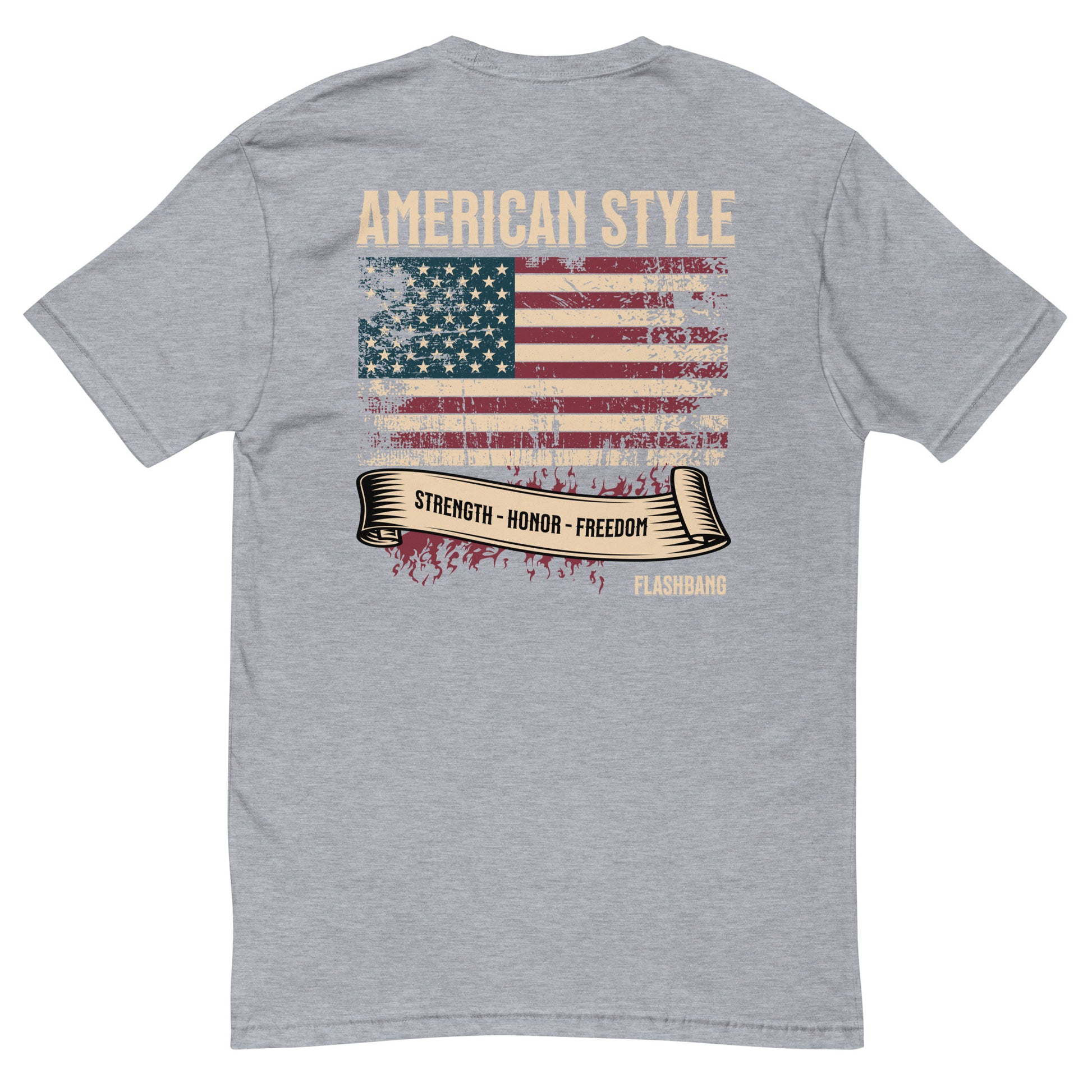 American Style T-shirt featuring USA flag and Strength Honor Freedom message, designed for veterans and patriots - Back View - Heather Grey