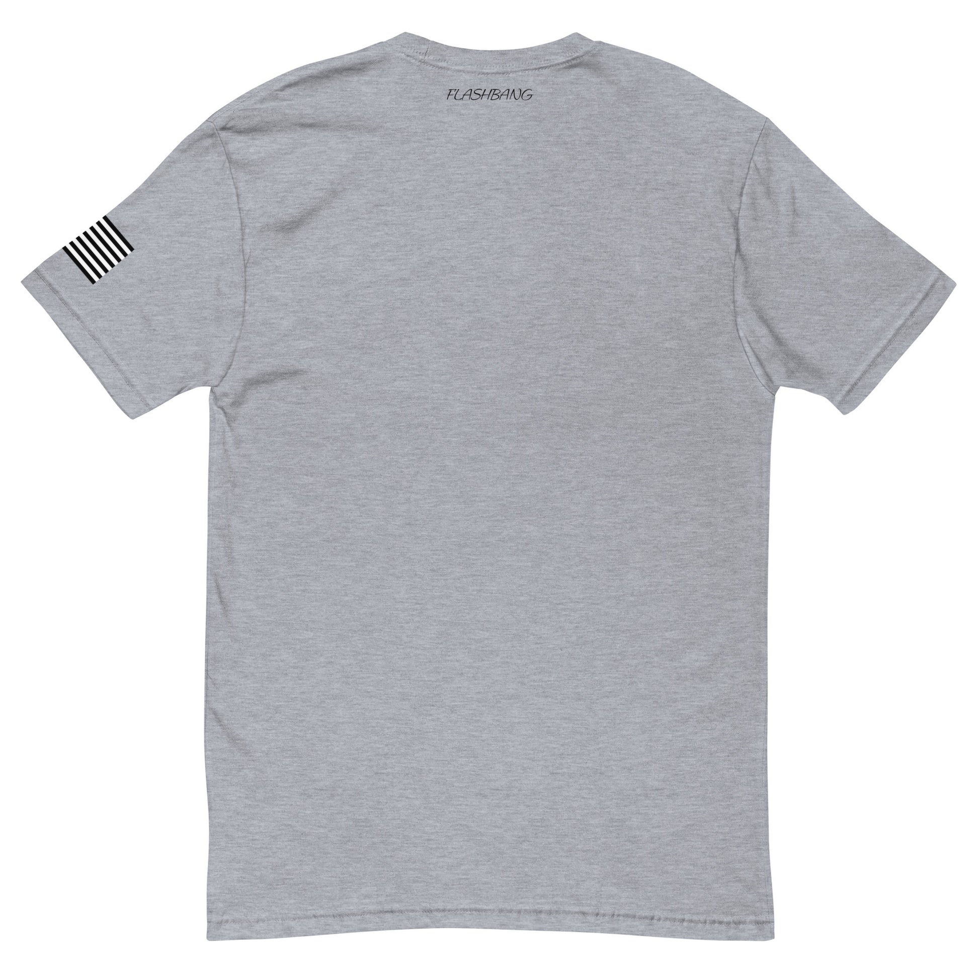 Stay Humble T-shirt with black writing with american flag on sleeve - Back View - Heather Grey