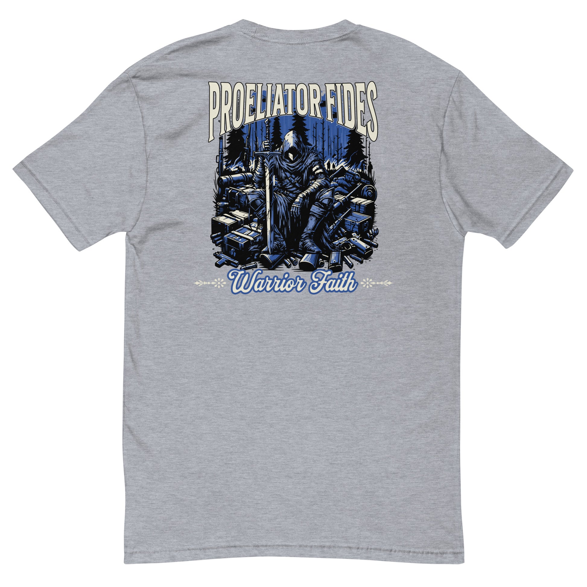 Warrior Faith T-shirt featuring a fighter graphic, symbolizing strength, resilience, and honor, perfect for veterans and those who serve - Back View - Heather Grey
