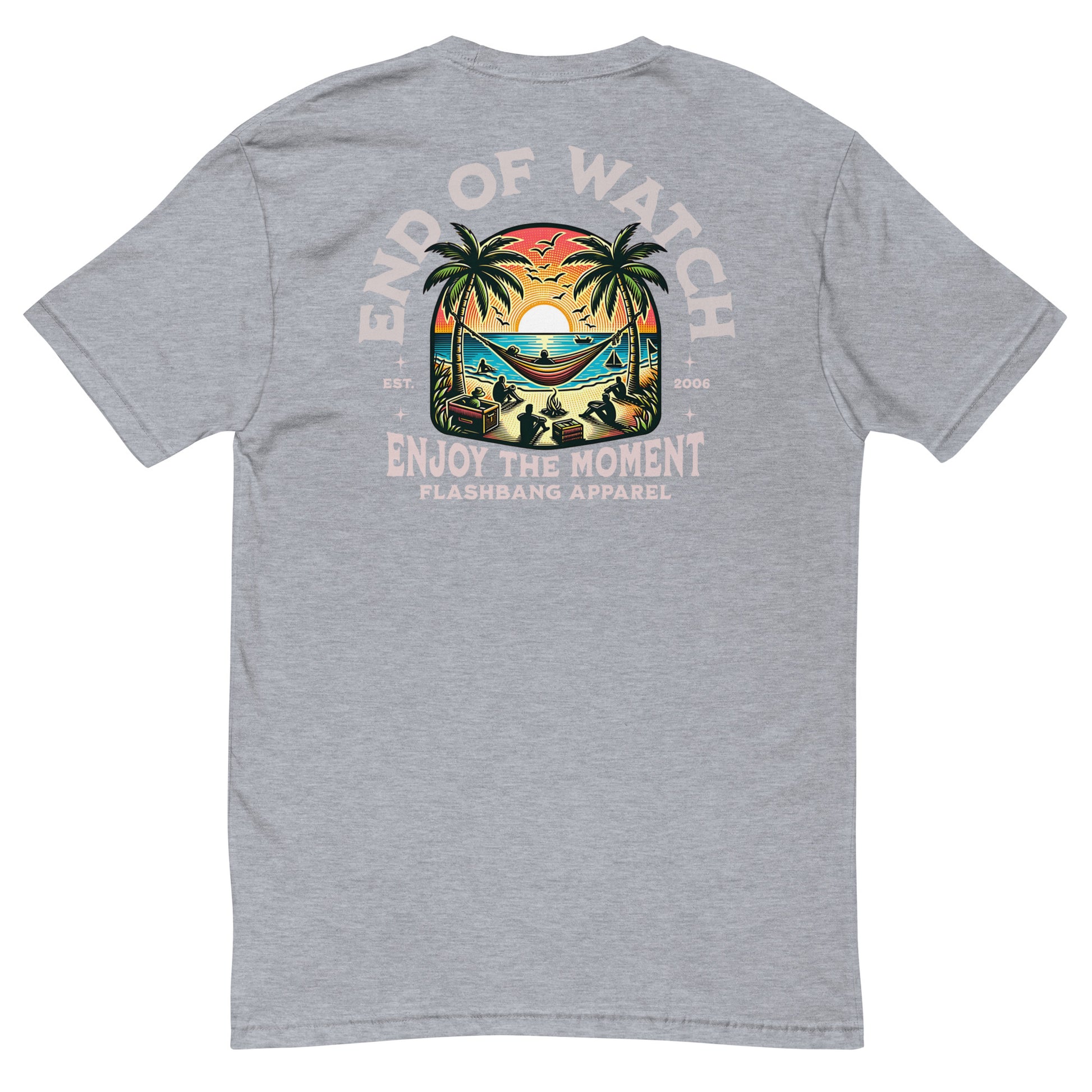 End of Watch T-shirt with palm tree design and summer beach vibes - Back View - Heather Grey