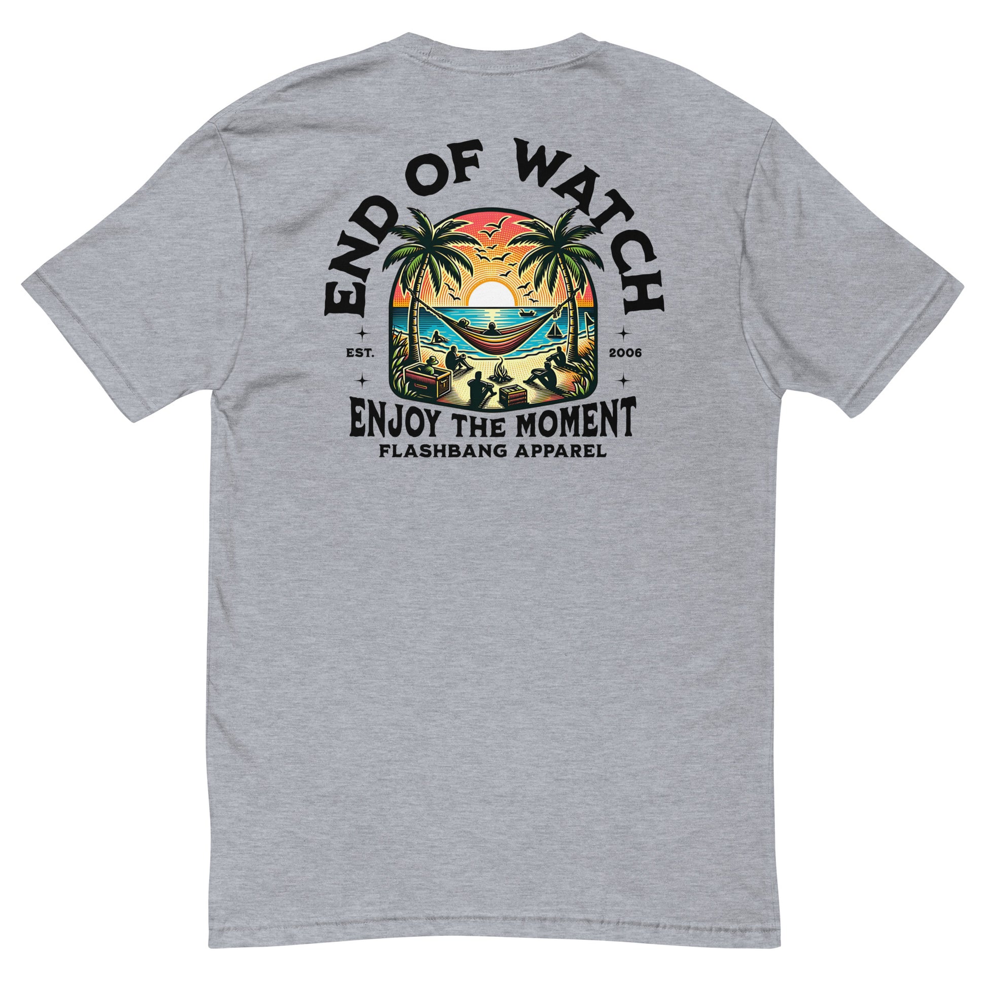 Product End of Watch Lite T-shirt featuring palm tree beach design - Back View - Heather Grey