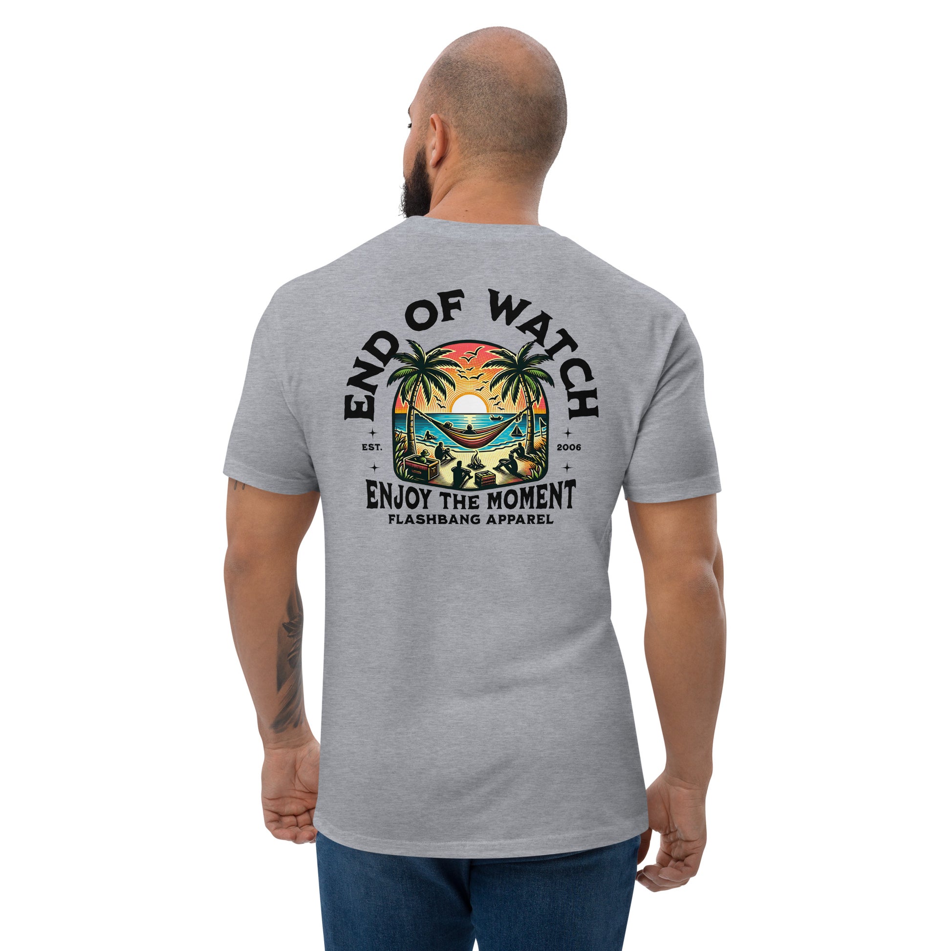 End of Watch Lite T-shirt featuring palm tree beach design - Back View - Heather Grey - Model Guy