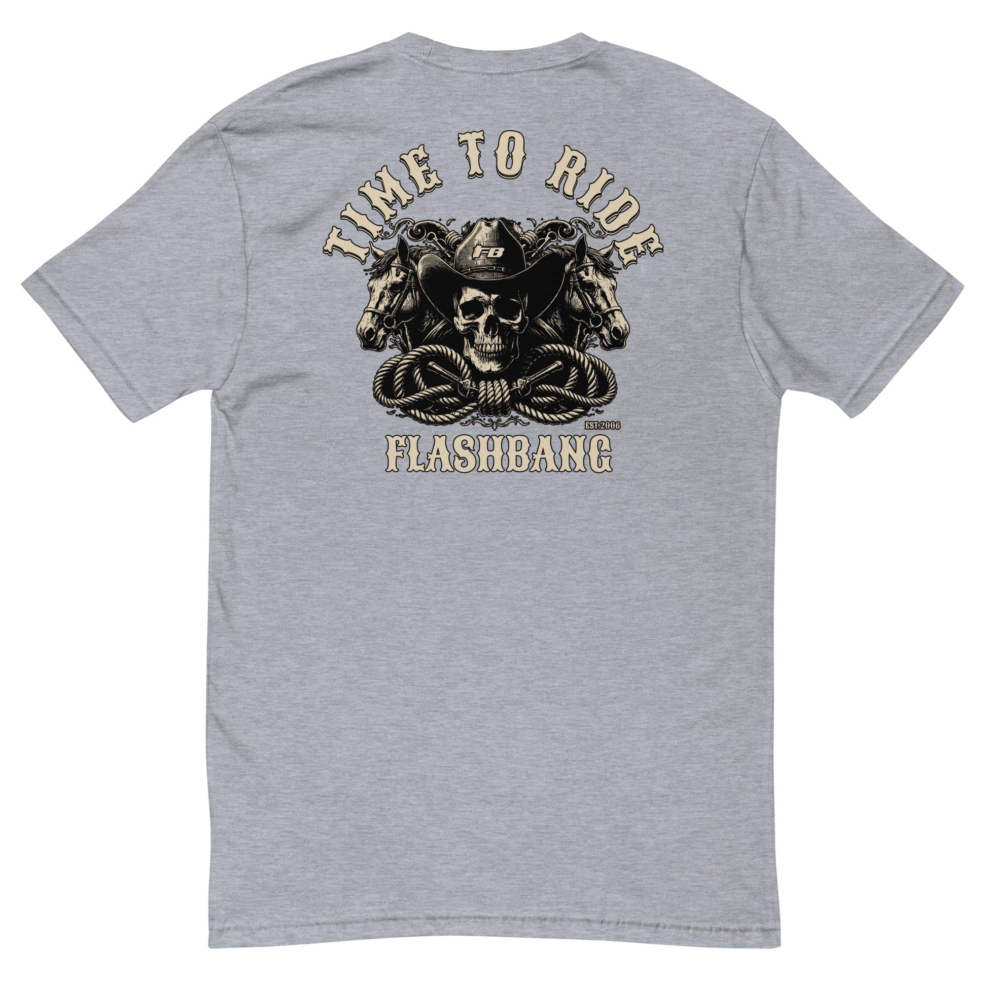 Time To Ride Lite T-shirt featuring a western cowboy skull design with horses and rope, rugged graphic for riders and patriots - Back View - Heather  Grey