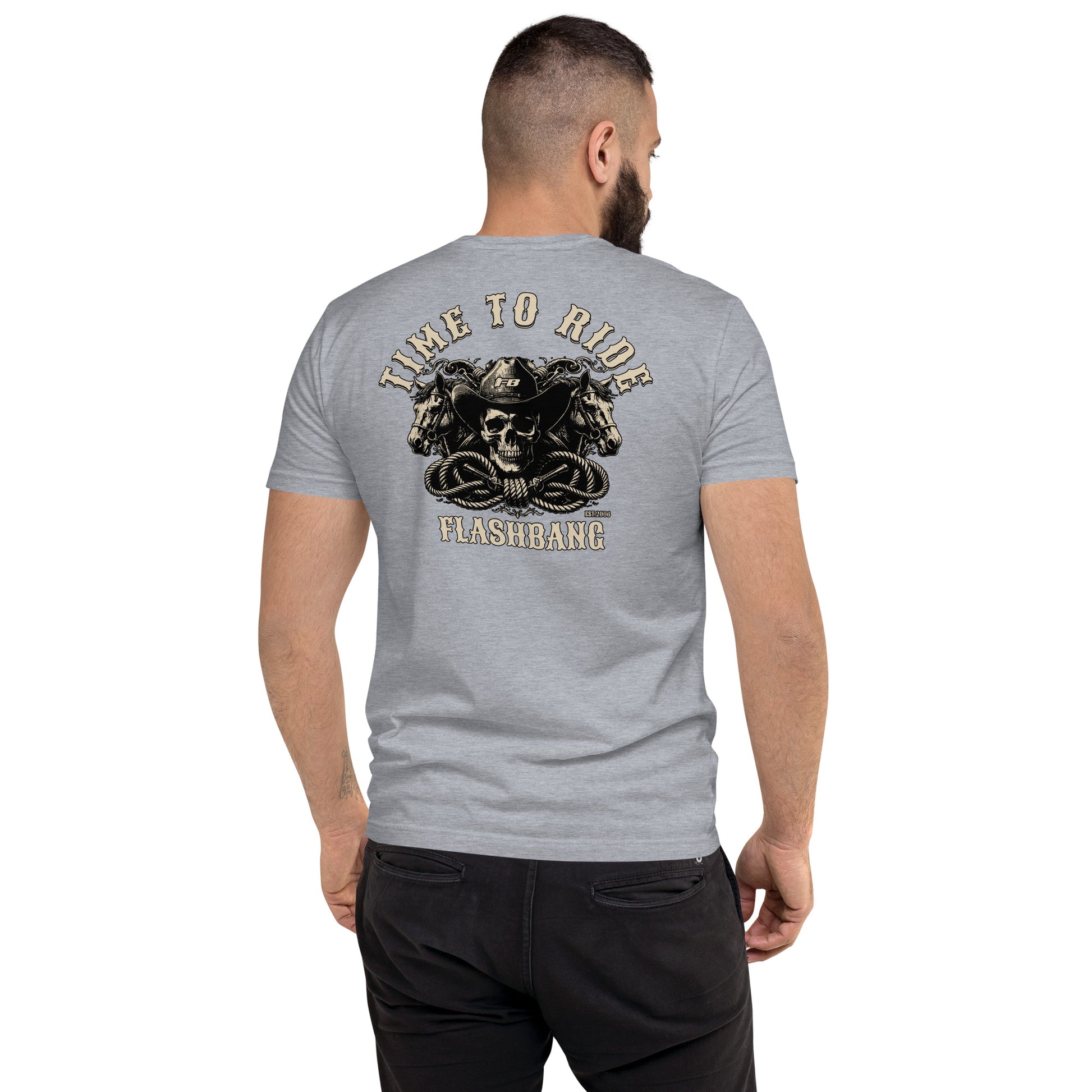 Time To Ride Lite T-shirt featuring a western cowboy skull design with horses and rope, rugged graphic for riders and patriots - Back View - Heather  Grey - Model Guy