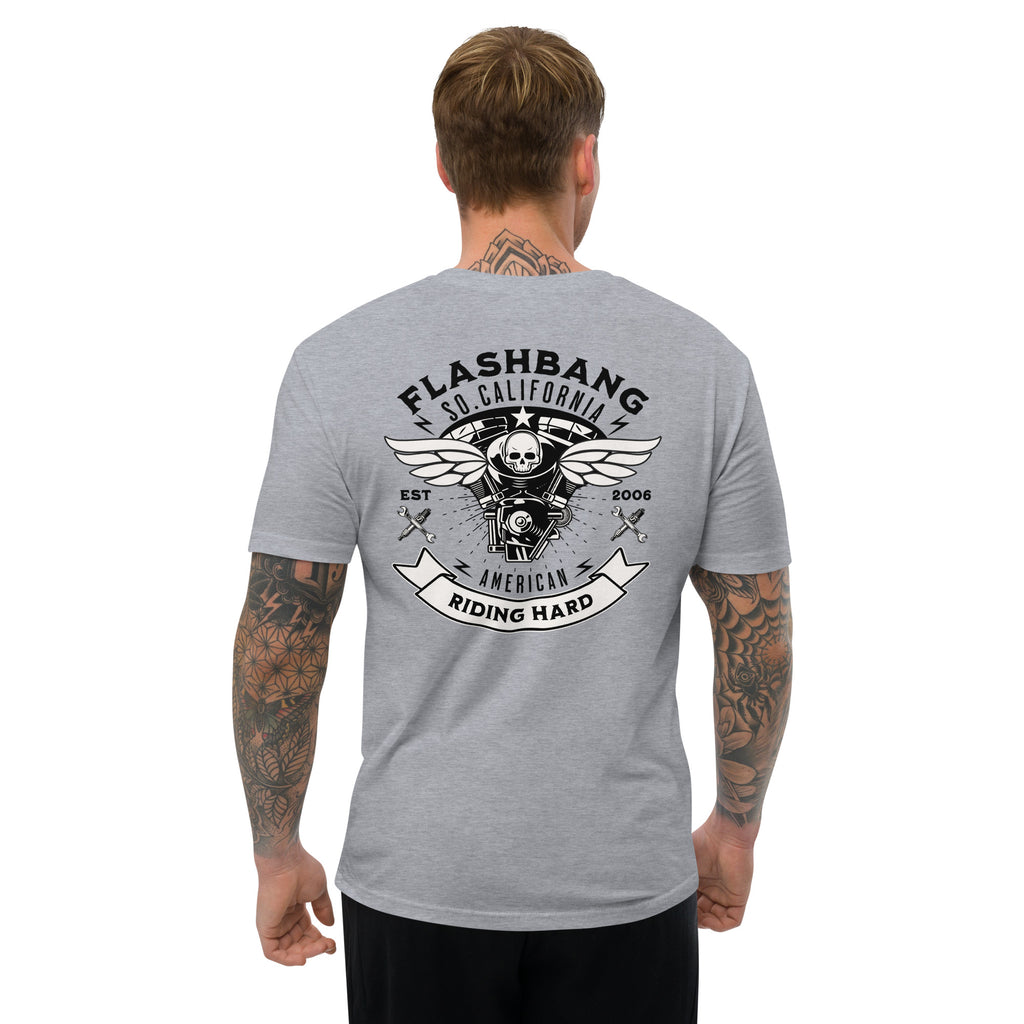 Riding Hard Lite T-Shirt featuring wing skull design, durable biker motorcycle t shirt and riding shirt for riders - Back View - Heather Grey - Model Grey