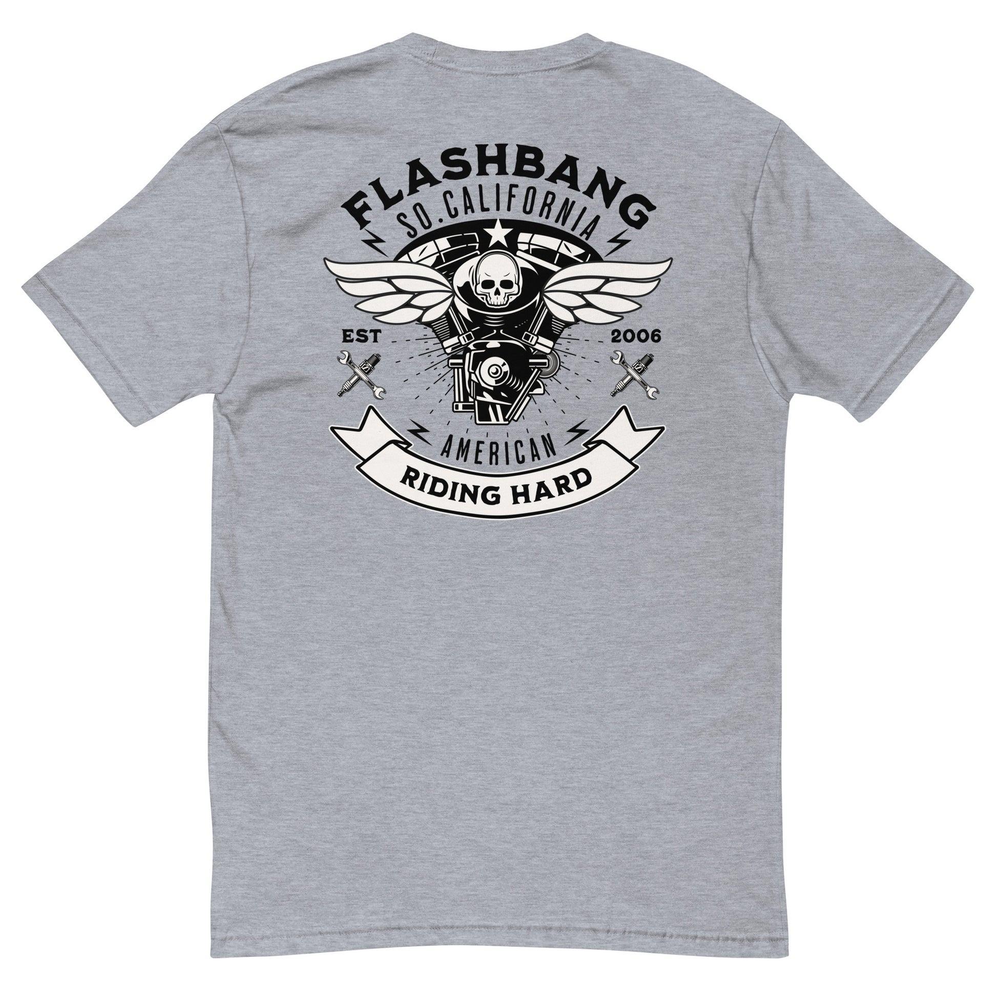 Riding Hard Lite T-Shirt featuring wing skull design, durable biker motorcycle t shirt and riding shirt for riders - Back View - Heather Grey