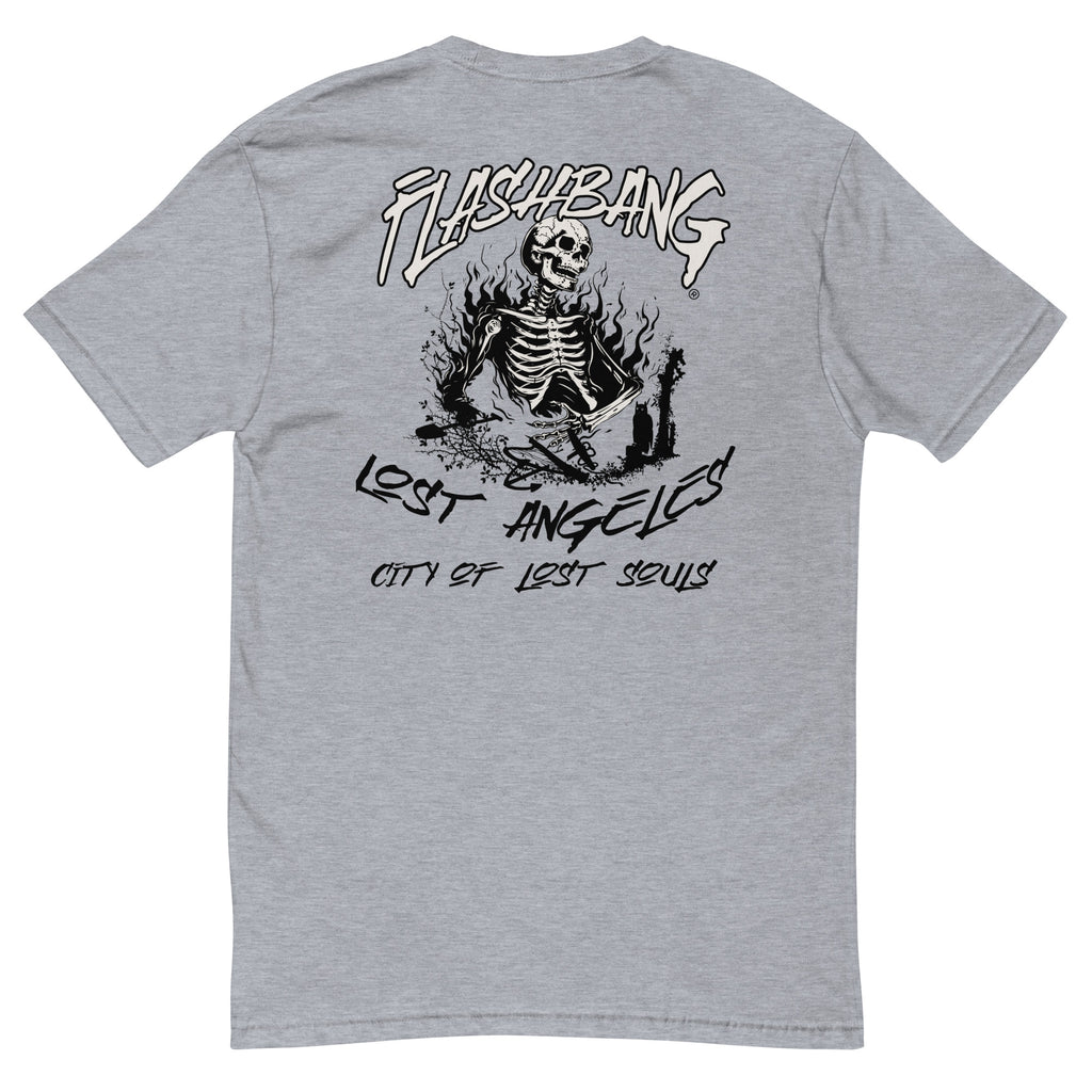 LA Lost Souls Lite T-shirt featuring skeleton designs, Los Angeles Text - Back View - Heather Grey
