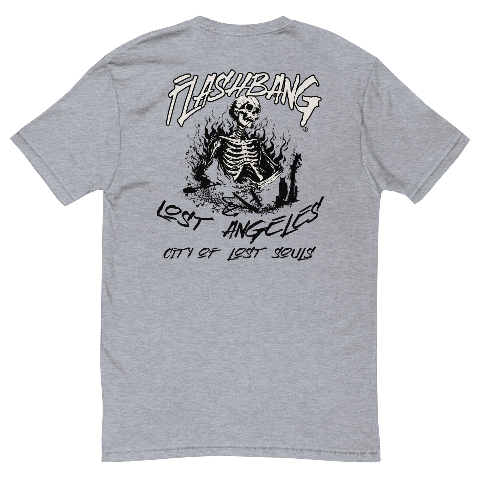 LA Lost Souls Lite T-shirt featuring skeleton designs, Los Angeles Text - Back View - Heather Grey