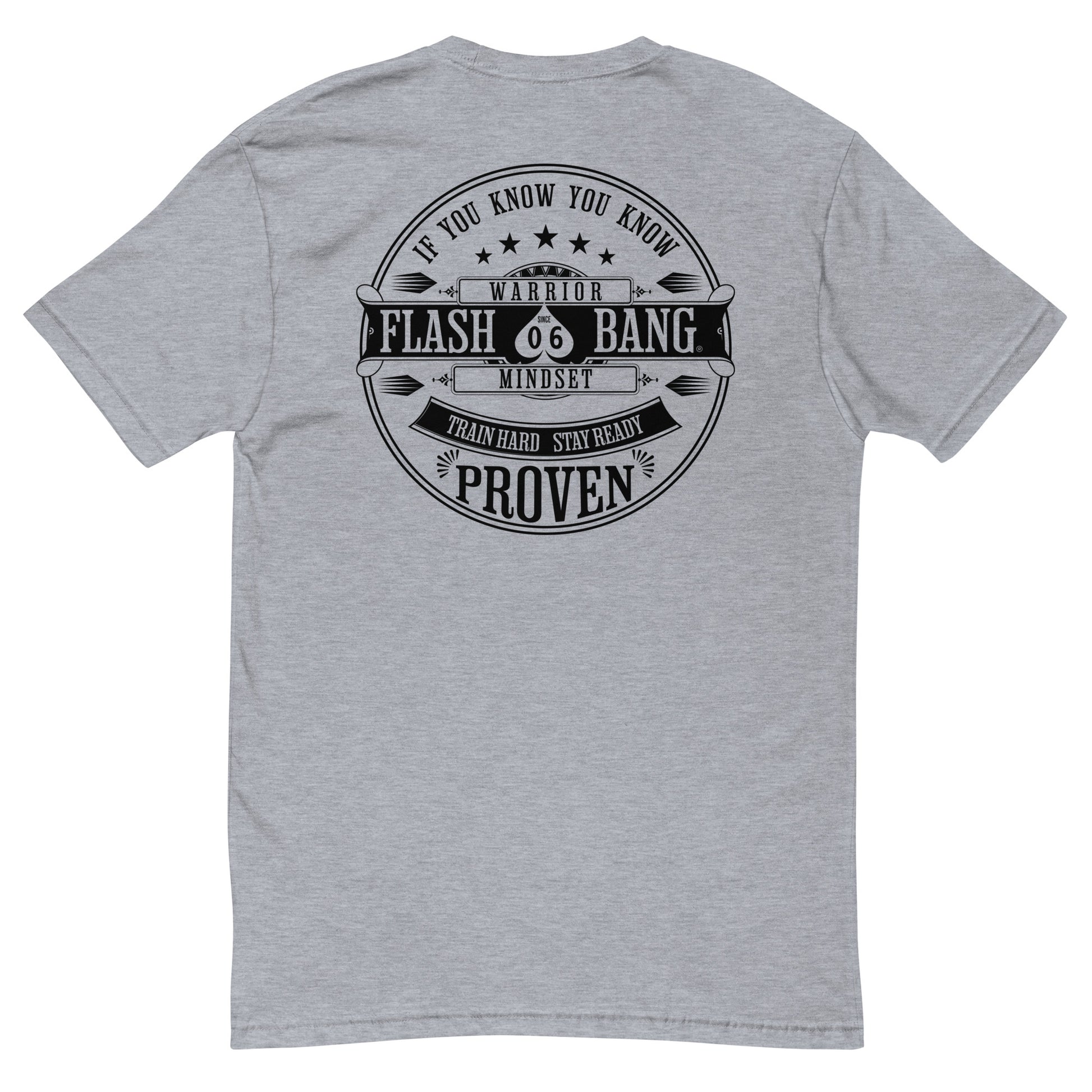 Train Hard Stay Ready Lite T-shirt featuring motivational shirt graphic design with train hard quotes - Back View- Heather Grey