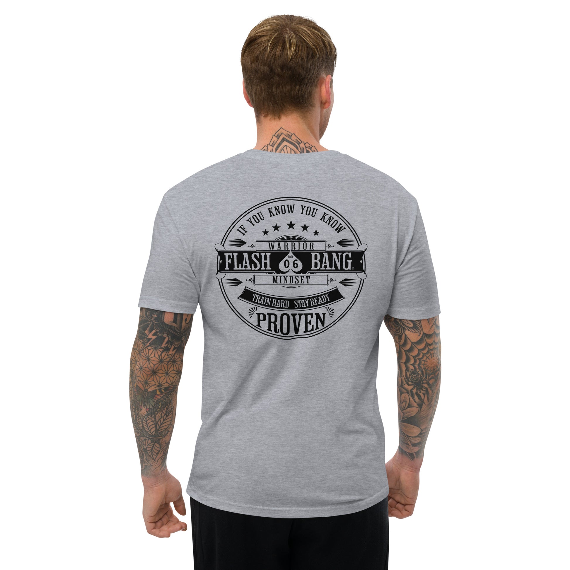 Train Hard Stay Ready Lite T-shirt featuring motivational shirt graphic design with train hard quotes - Back View- Heather Grey - Model Guy