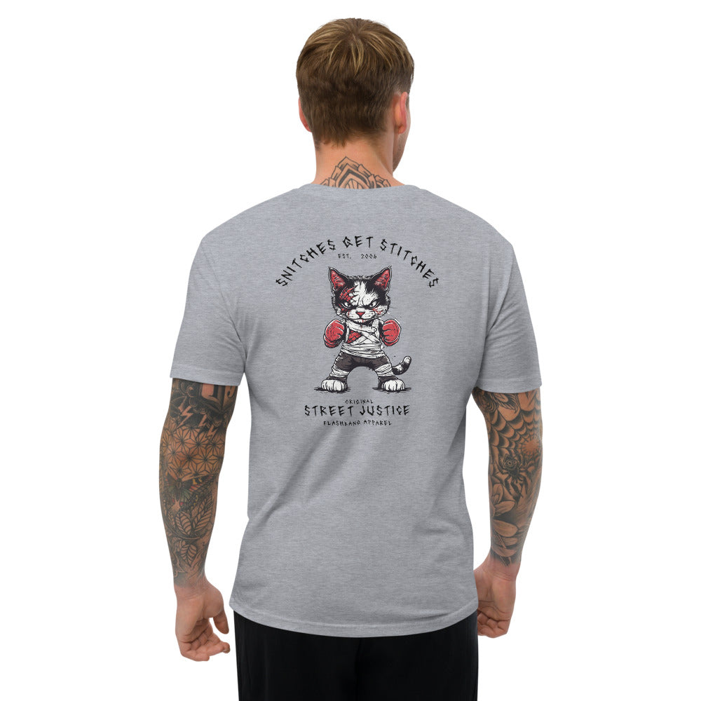 Snitches Get Stitches T-shirt featuring a street justice cat design, ideal for fans of cool cat t-shirts, boxing tees, and street cat shirts - Back View- Heather Grey -  Model Guy