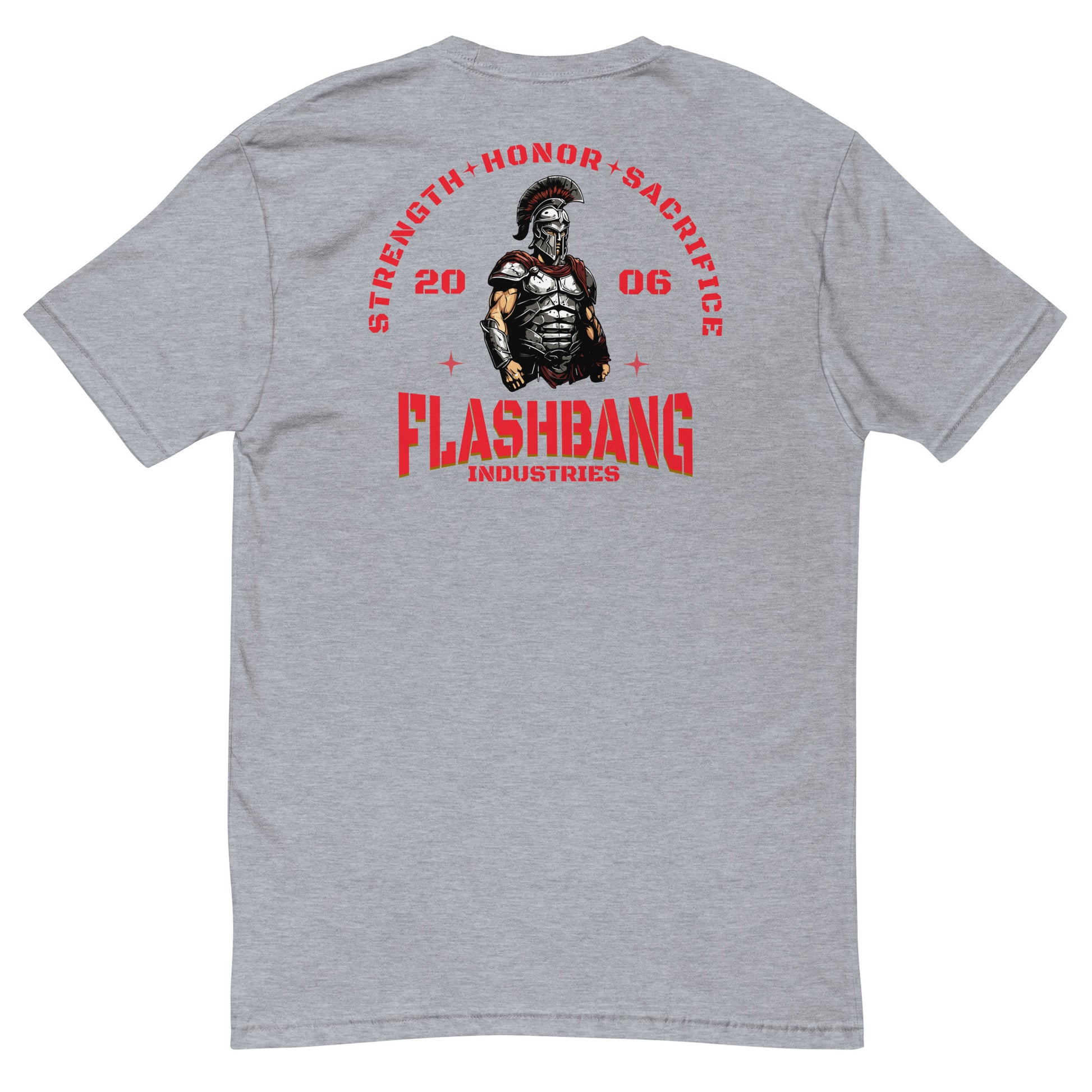 Gray t-shirt with red and black graphic design on the back, featuring a Spartan warrior and text.