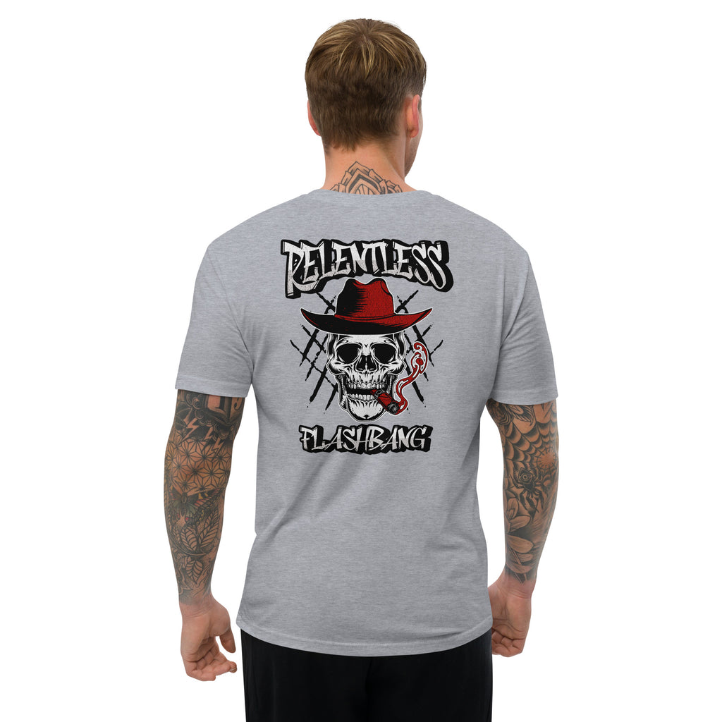 Relentless Lite T-shirt with skull graphic, men's skull tee designed for strength and pride - Back View - Heather Grey - Model Guy