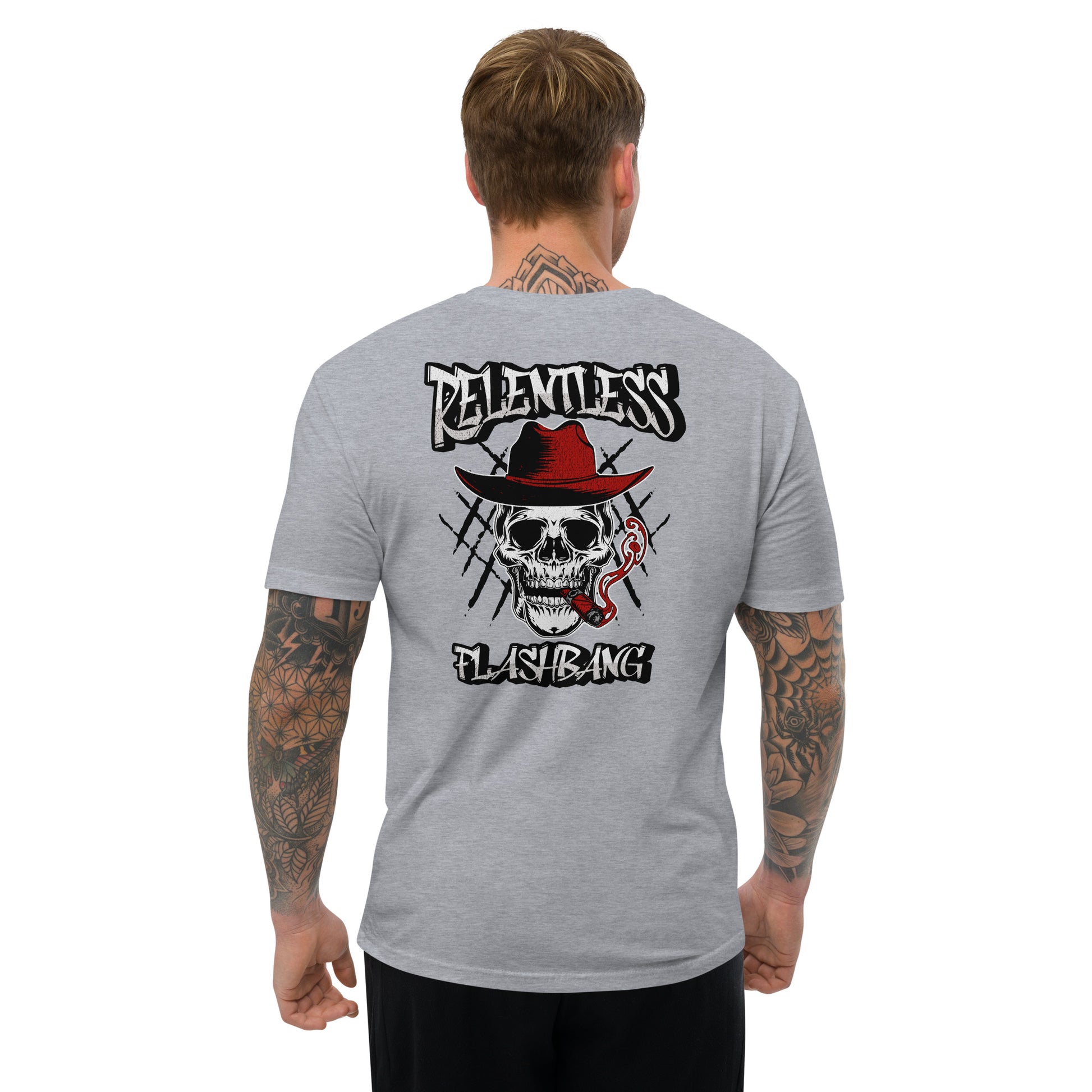 Relentless Lite T-shirt with skull graphic, men's skull tee designed for strength and pride - Back View - Heather Grey - Model Guy