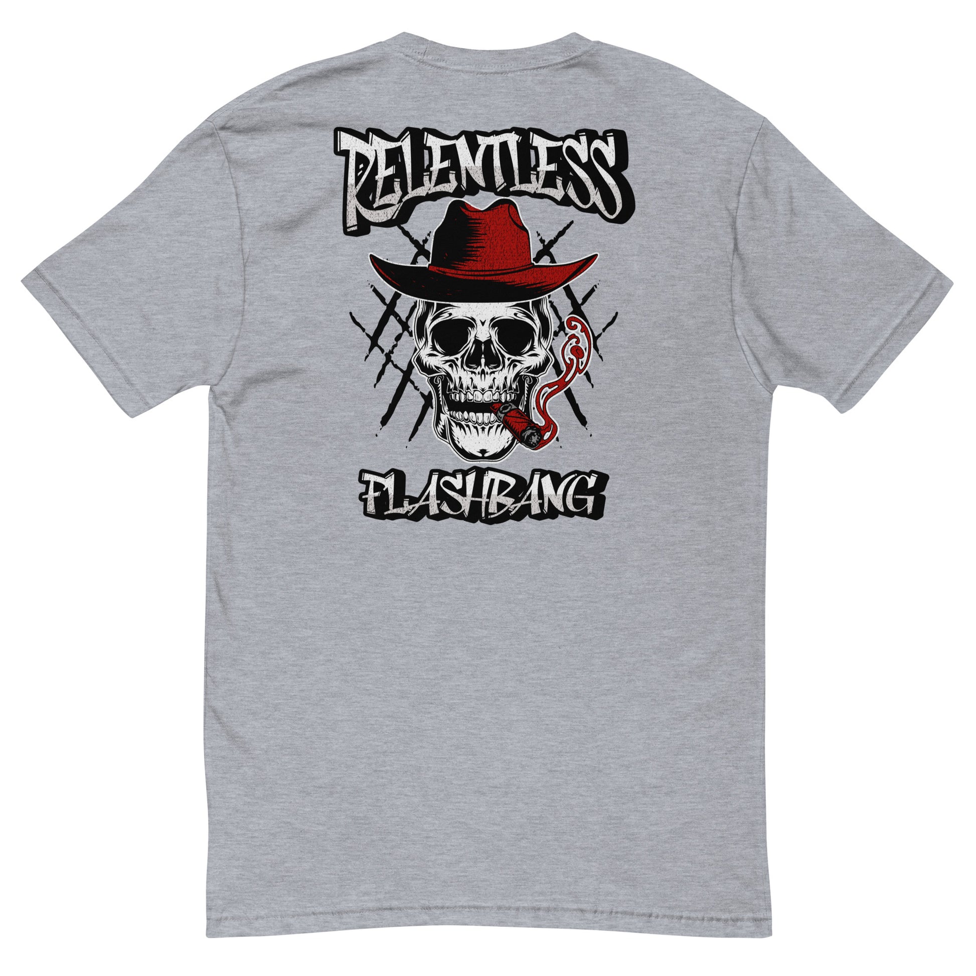 Relentless Lite T-shirt with skull graphic, men's skull tee designed for strength and pride - Back View - Heather Grey