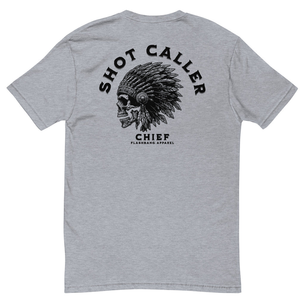 Shot Caller Lite T-shirt with warrior skull design, tribal chiefs tee shirt, and ultimate warrior graphic for bold streetwear style - Back View - Heather Grey