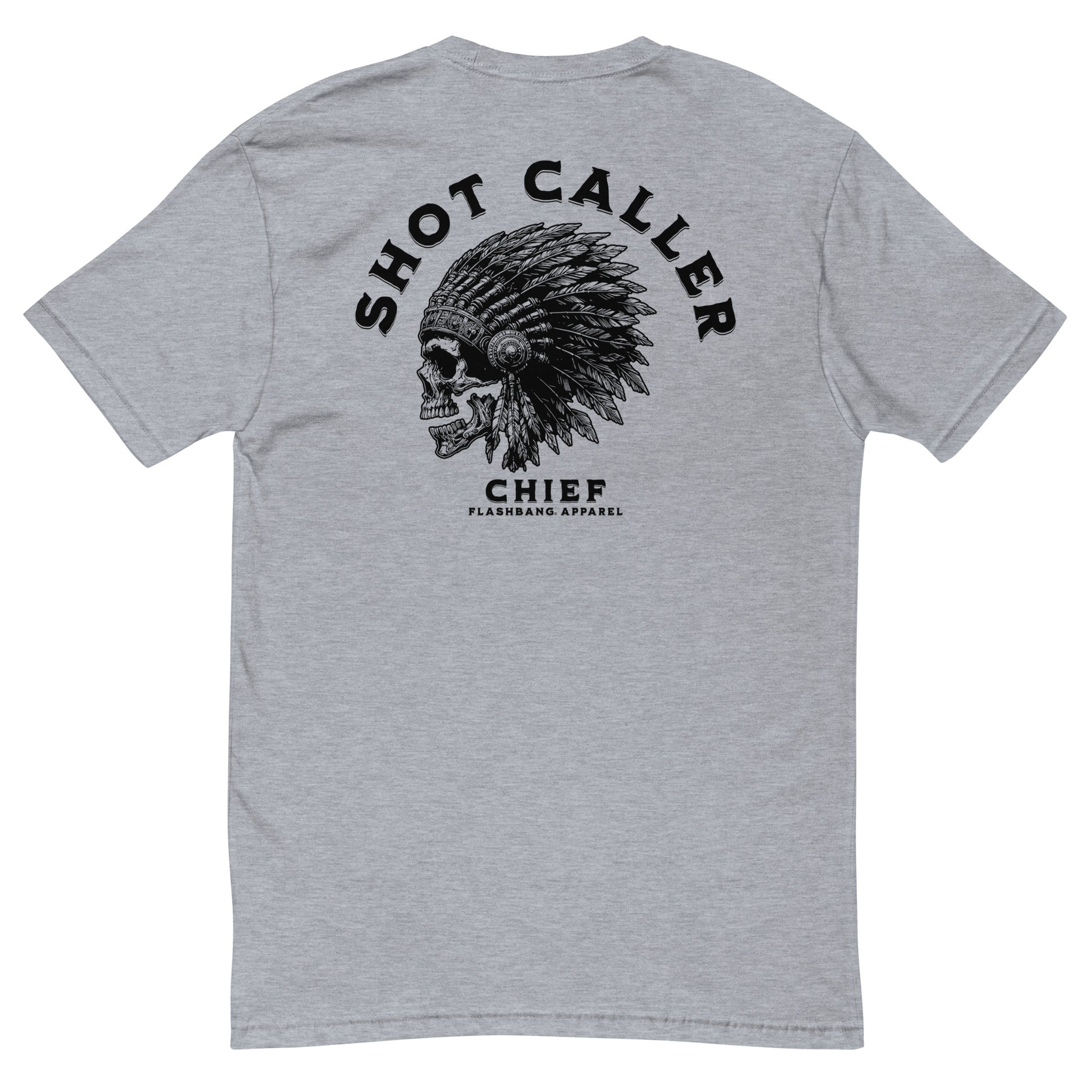Shot Caller Lite T-shirt with warrior skull design, tribal chiefs tee shirt, and ultimate warrior graphic for bold streetwear style - Back View - Heather Grey
