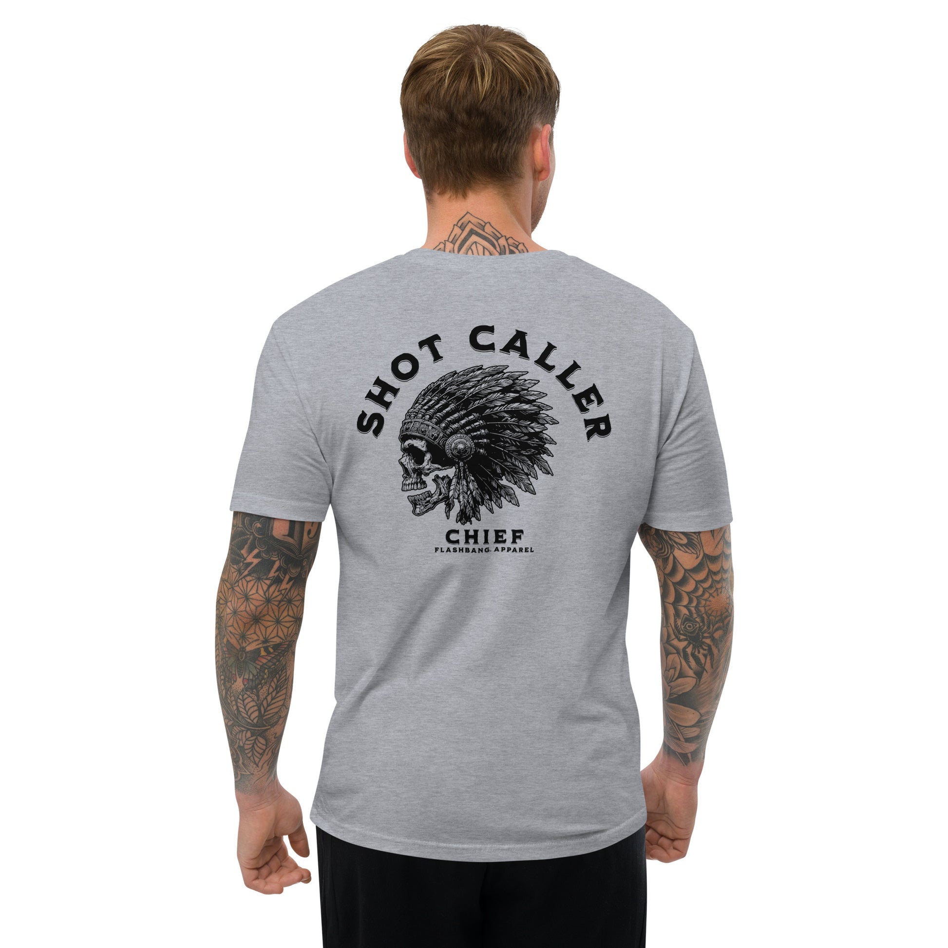 Shot Caller Lite T-shirt with warrior skull design, tribal chiefs tee shirt, and ultimate warrior graphic for bold streetwear style - Back View - Heather Grey - Model Guy