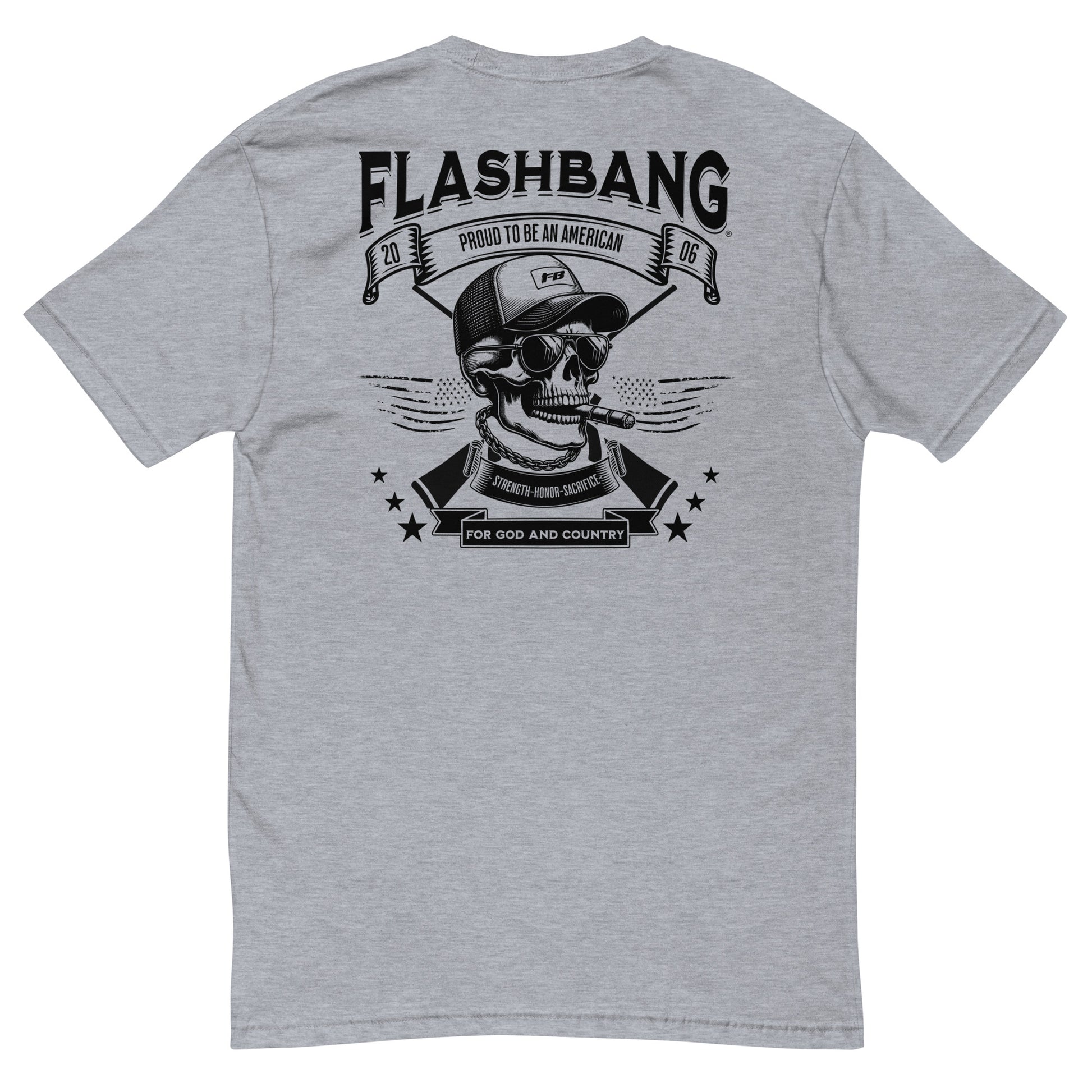 Proud American Lite T-shirt featuring skull graphic design, patriotic message for strength and honor - Back View - Heather Grey