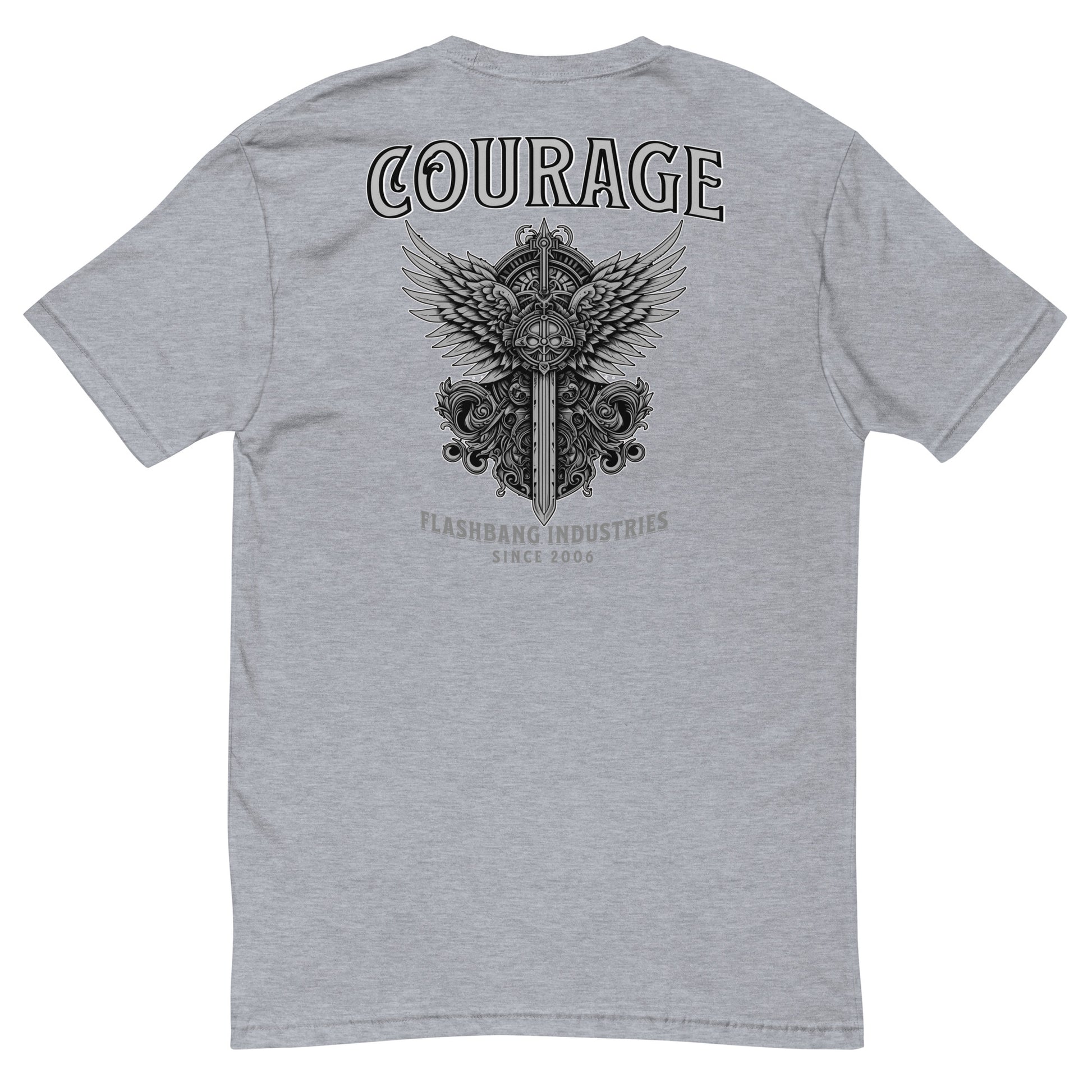 Courage T-shirt with sword and wings graphic, honoring brave soldiers - Back View - Heather Grey
