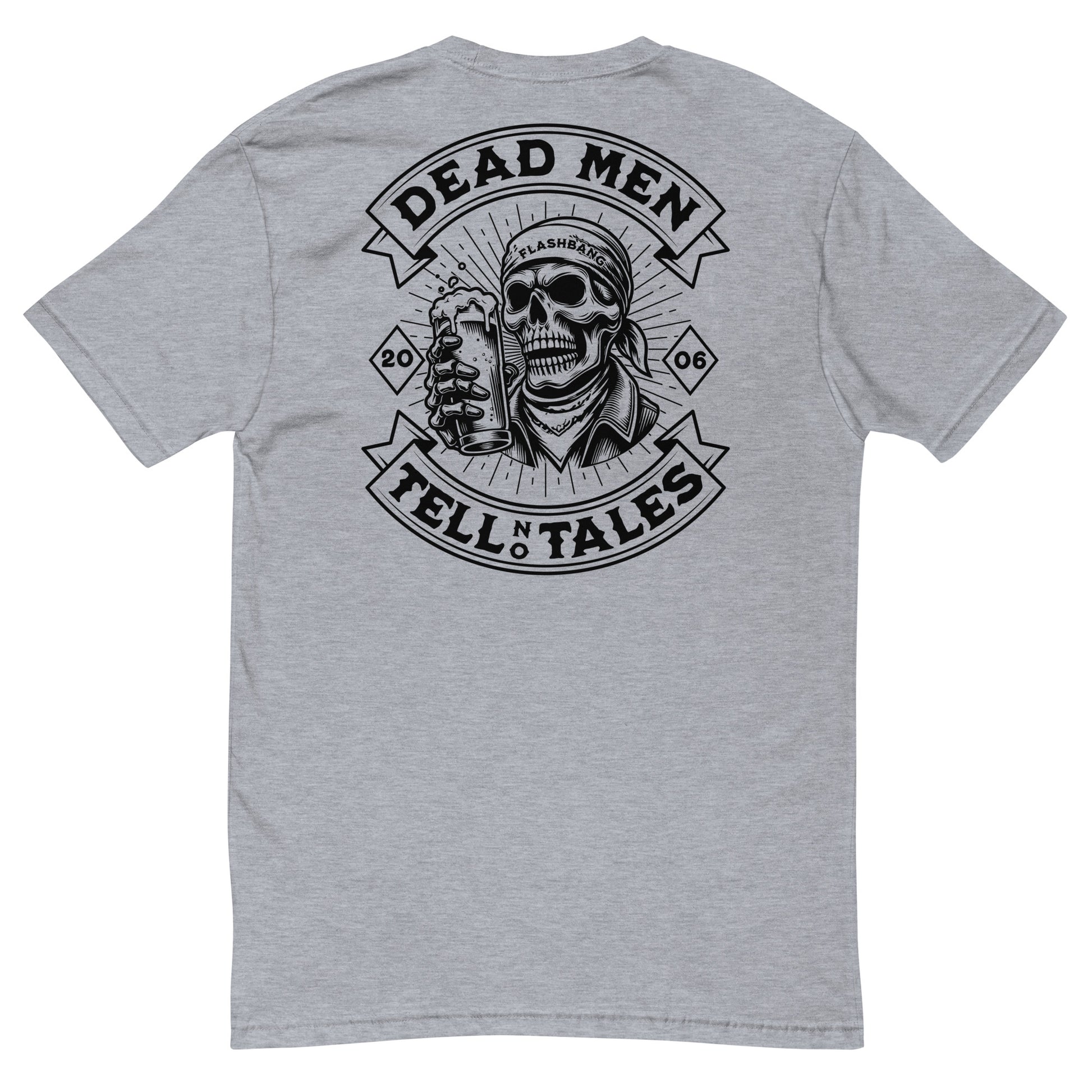 Dead Men Tell No Tales Lite T-shirt showcasing a skull and beer graphic - Back View - Heather Grey