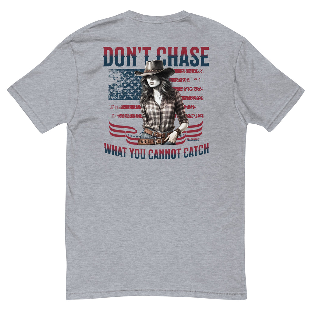Don't Chase Lite T-shirt, cowgirl and Western shirt for men, perfect for rodeo and Western style enthusiasts - Back View - Heather Grey
