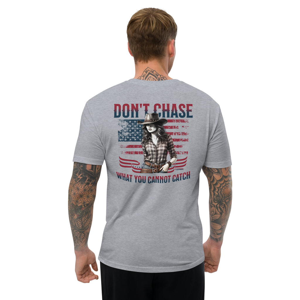 Don't Chase Lite T-shirt, cowgirl and Western shirt for men, perfect for rodeo and Western style enthusiasts - Back View - Heather Grey - Model Guy