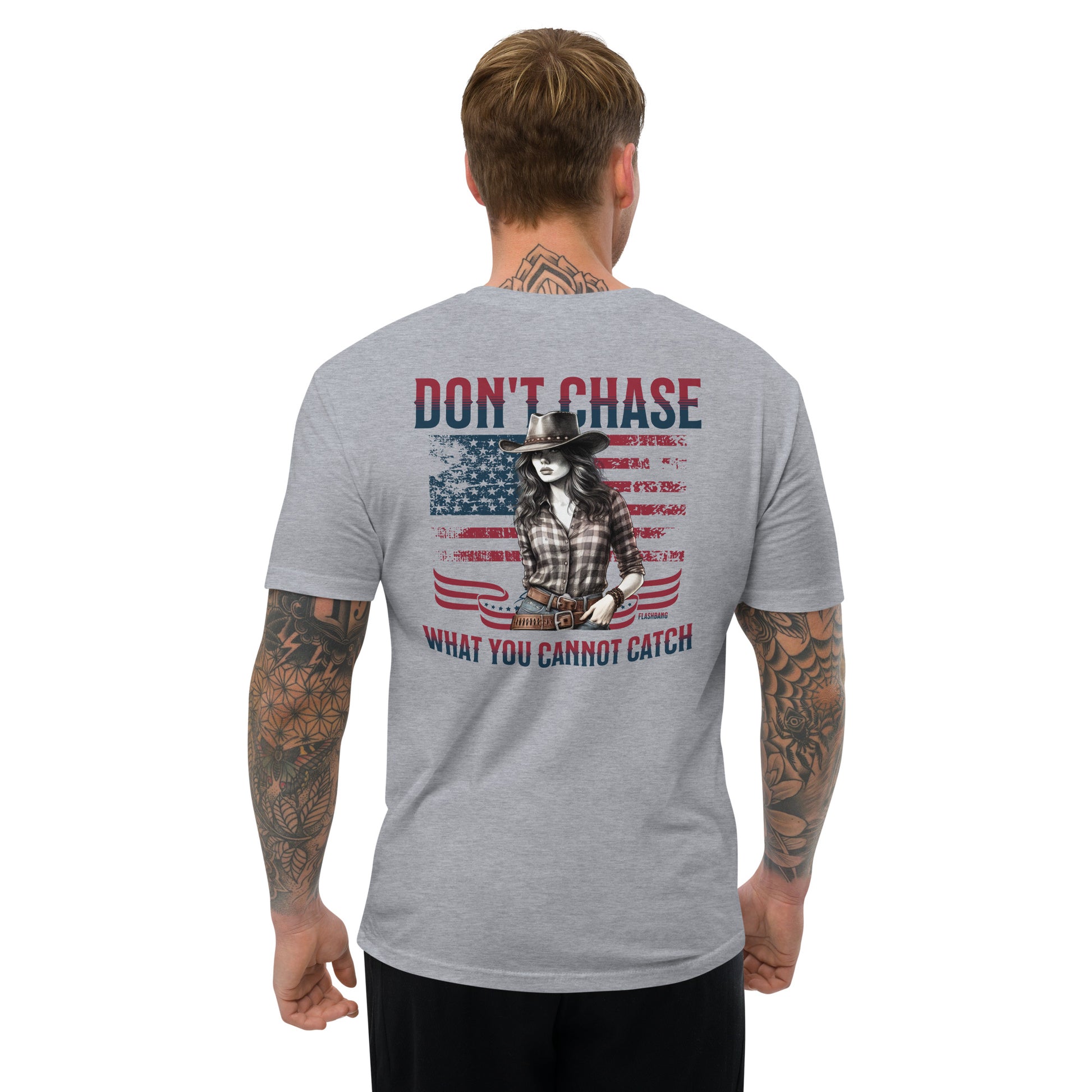 Don't Chase Lite T-shirt, cowgirl and Western shirt for men, perfect for rodeo and Western style enthusiasts - Back View - Heather Grey - Model Guy
