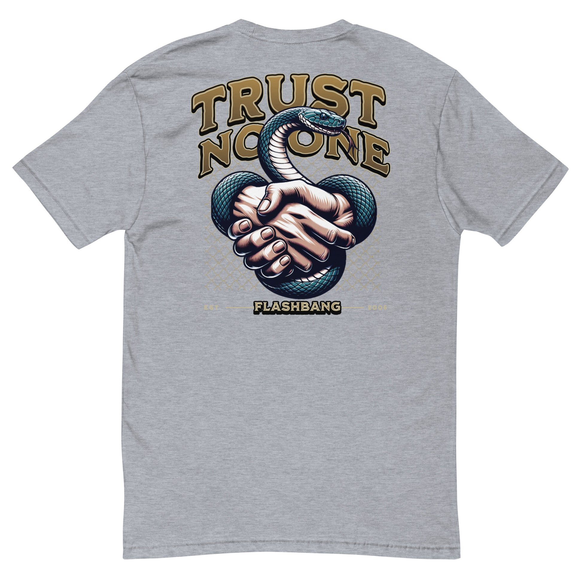 Trust No One T-shirt with bold graphic design featuring a snake and handshake - Back View - Heather Grey