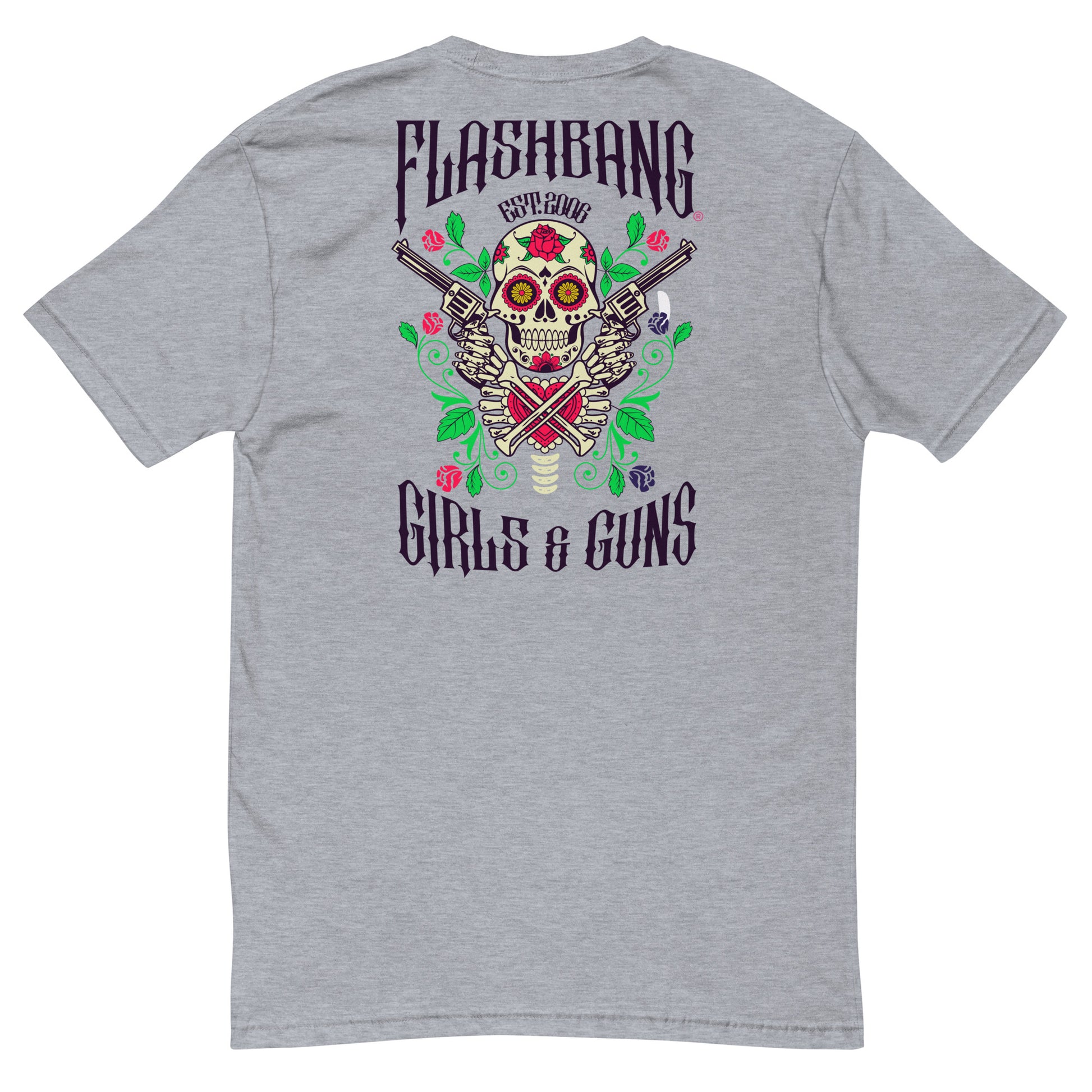 Gun and Roses T-shirt featuring a floral skull and guns design - Back View - Heather Grey