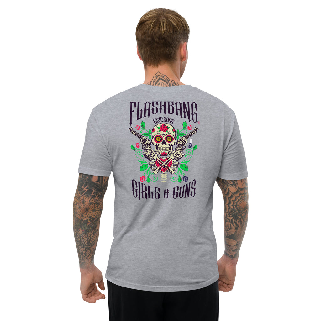 Gun and Roses T-shirt featuring a floral skull and guns design - Back View - Heather Grey - Model Guy
