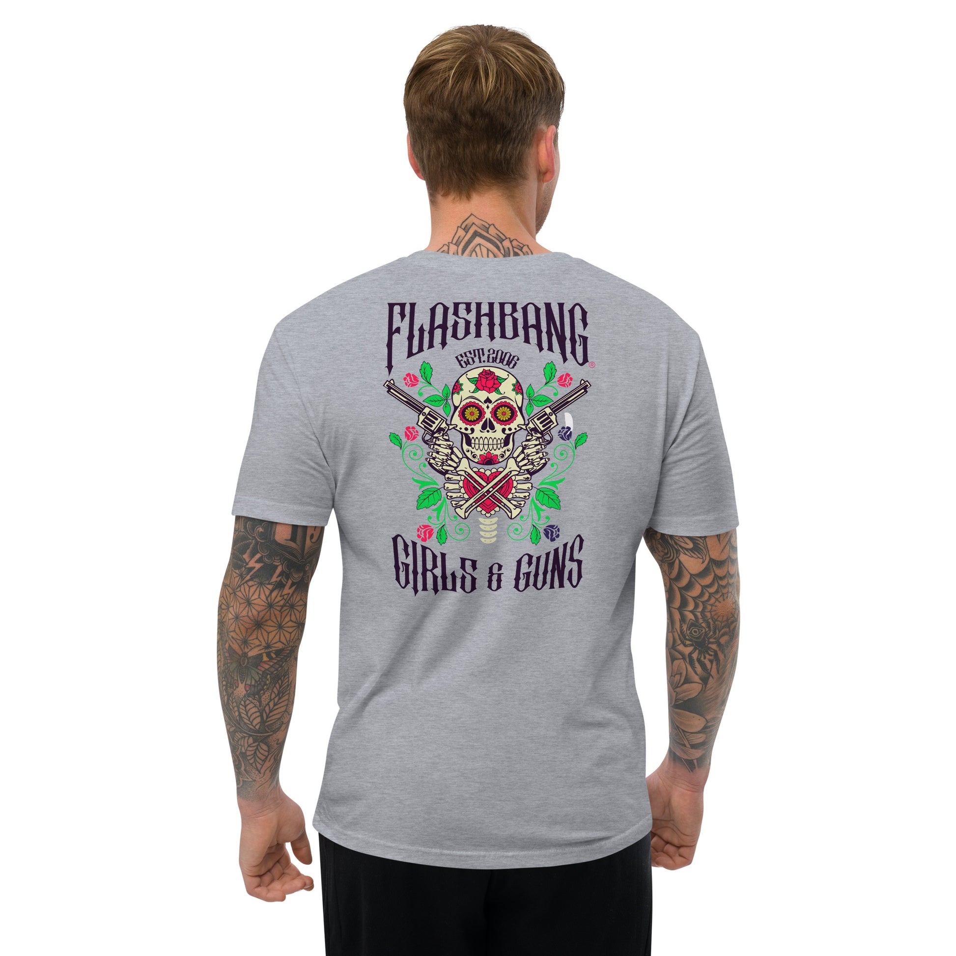 Gun and Roses T-shirt featuring a floral skull and guns design - Back View - Heather Grey - Model Guy