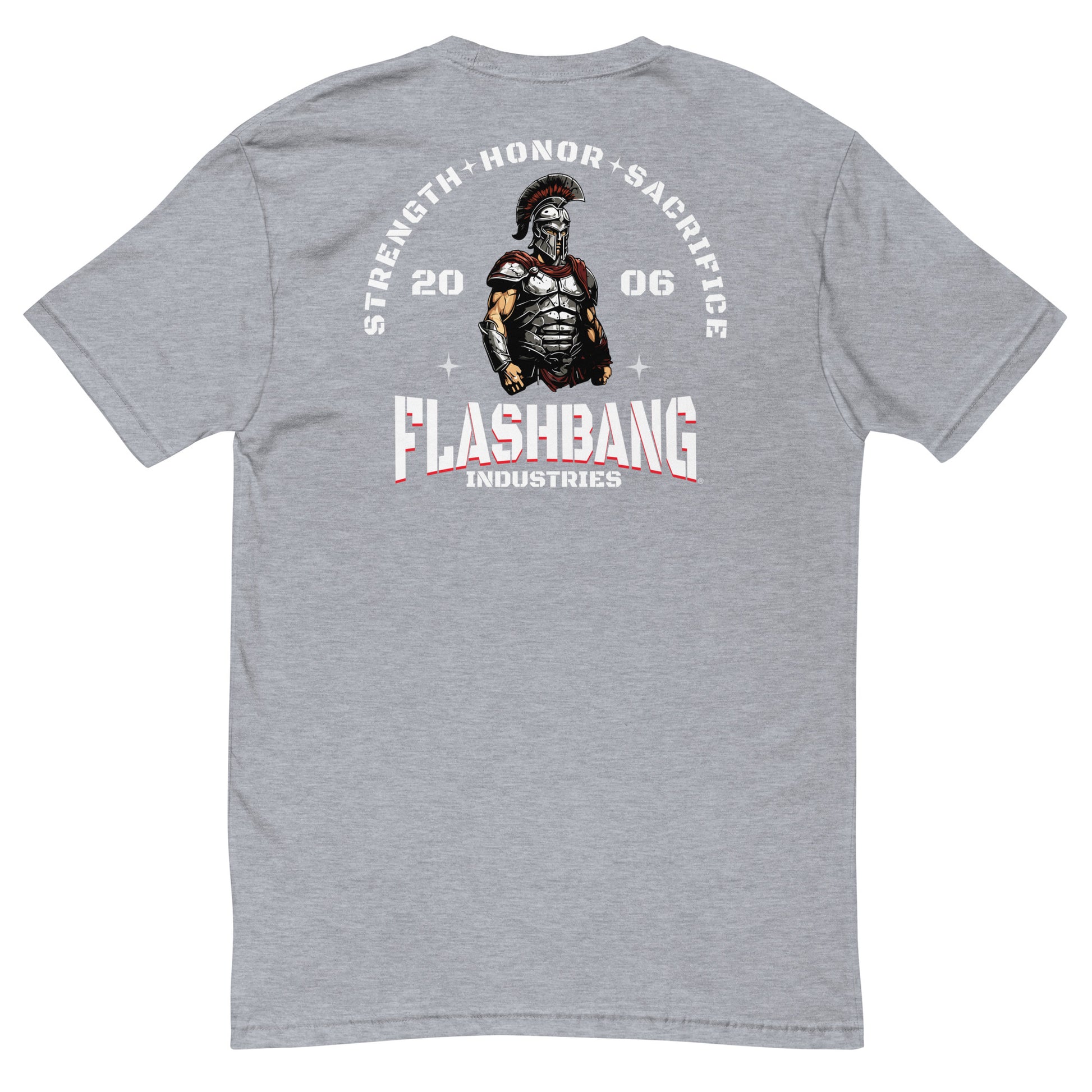Gray t-shirt with graphic design and text on the back, featuring a character and 'Flashbang Industries' branding.