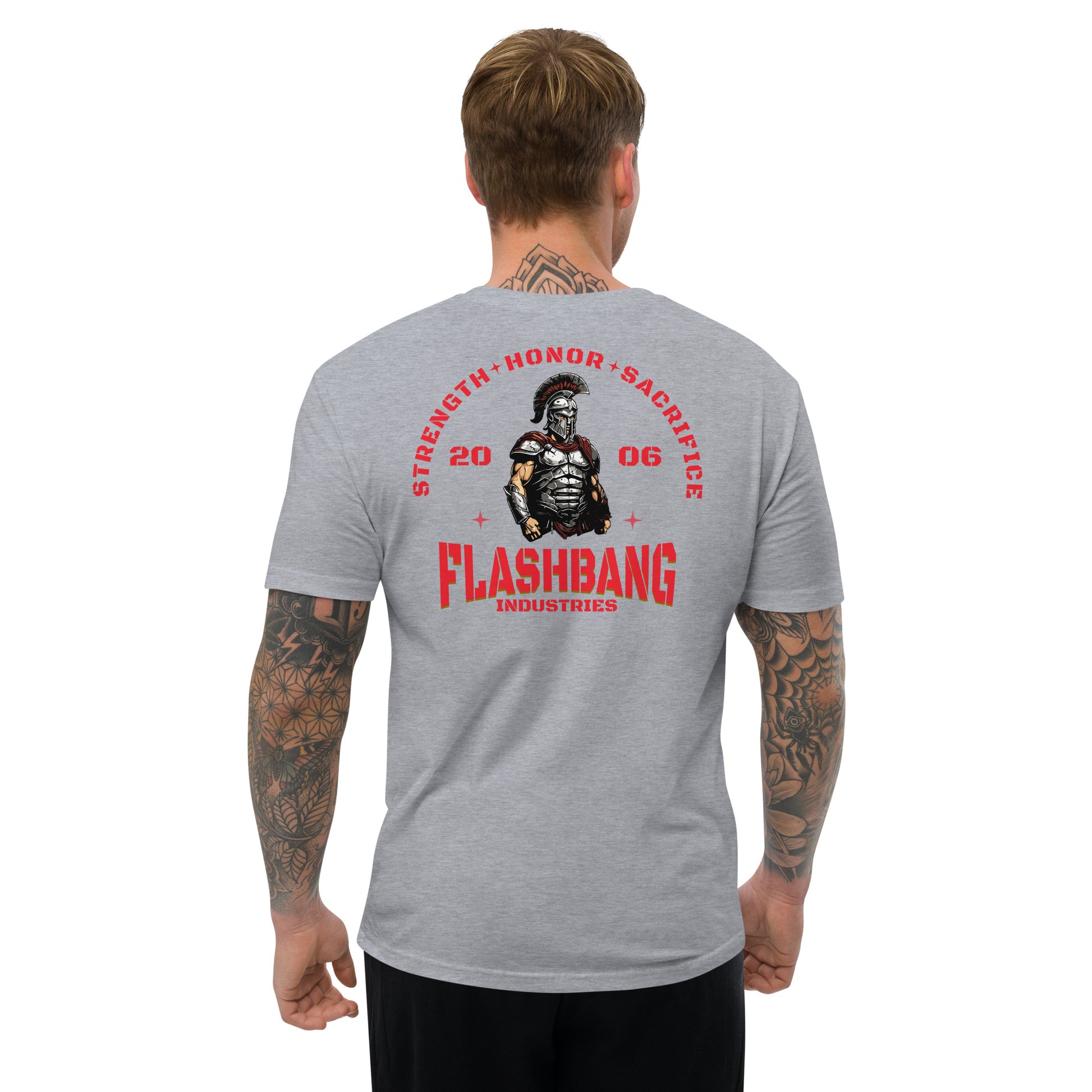 Strength Honor Sacrifice Lite T-shirt featuring warrior, spartan, and gladiator design for men who value strength, honor, and sacrifice - Back View - Heather Grey - Model Guy