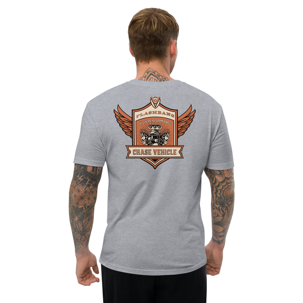 Chase Vehicle Lite T-shirt, police-inspired design symbolizing duty and pride - Back View - Heather Grey -Model Guy