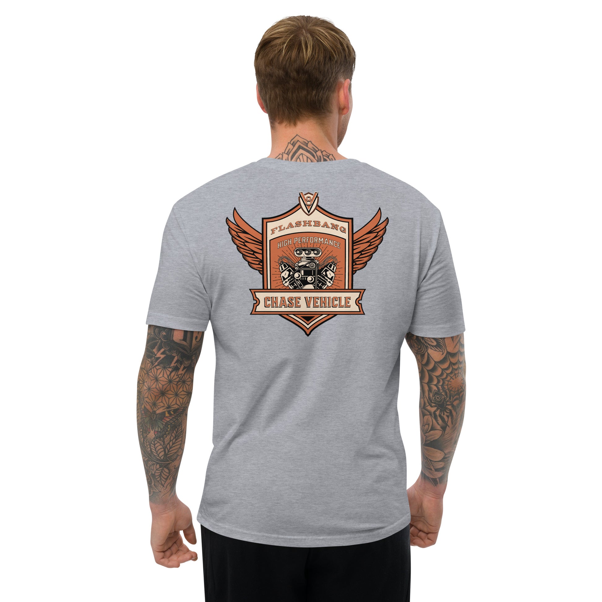 Chase Vehicle Lite T-shirt, police-inspired design symbolizing duty and pride - Back View - Heather Grey -Model Guy