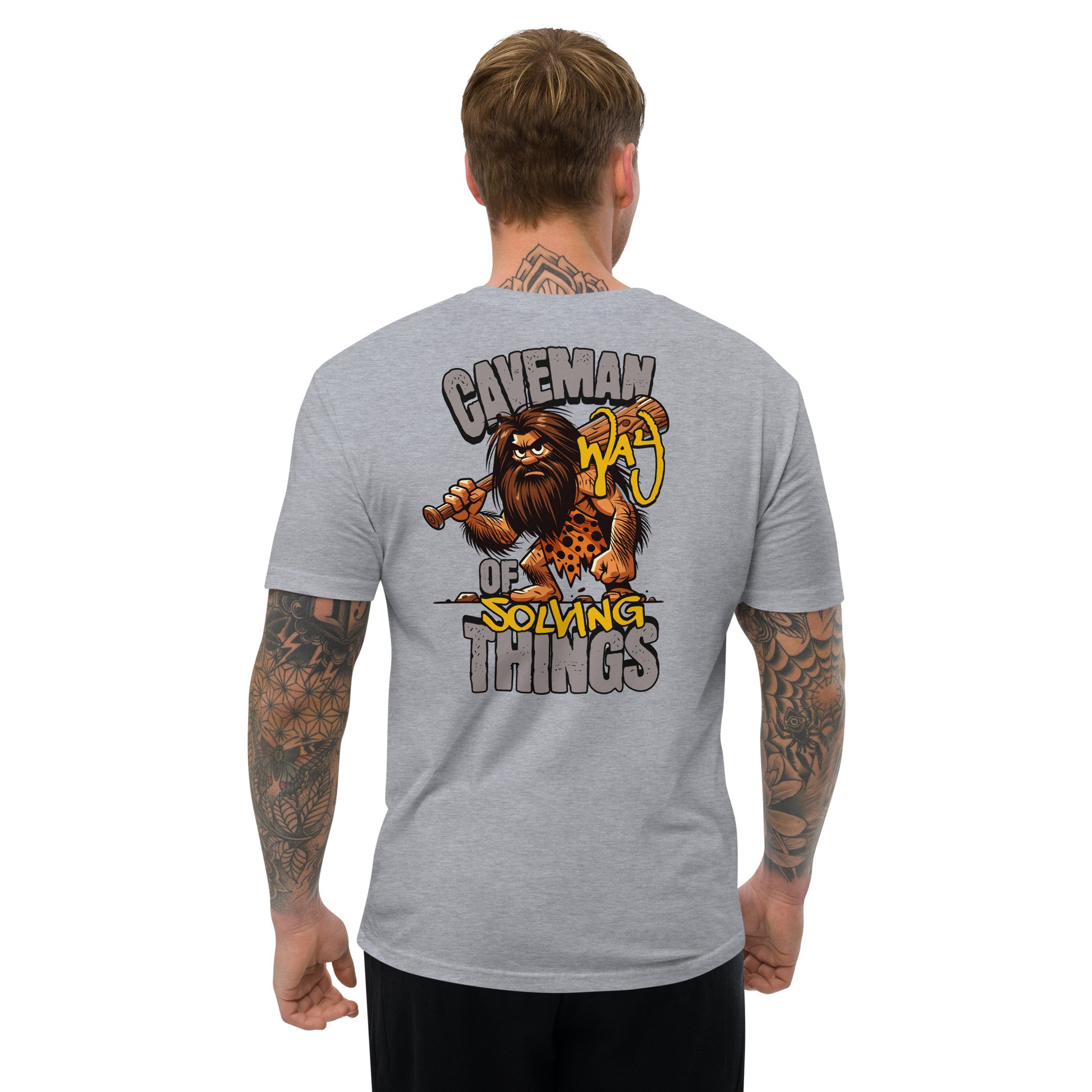 Caveman Way Lite T-shirt with Cave Man Way of Solving Things text - Back View - Heather Grey - Model Guy