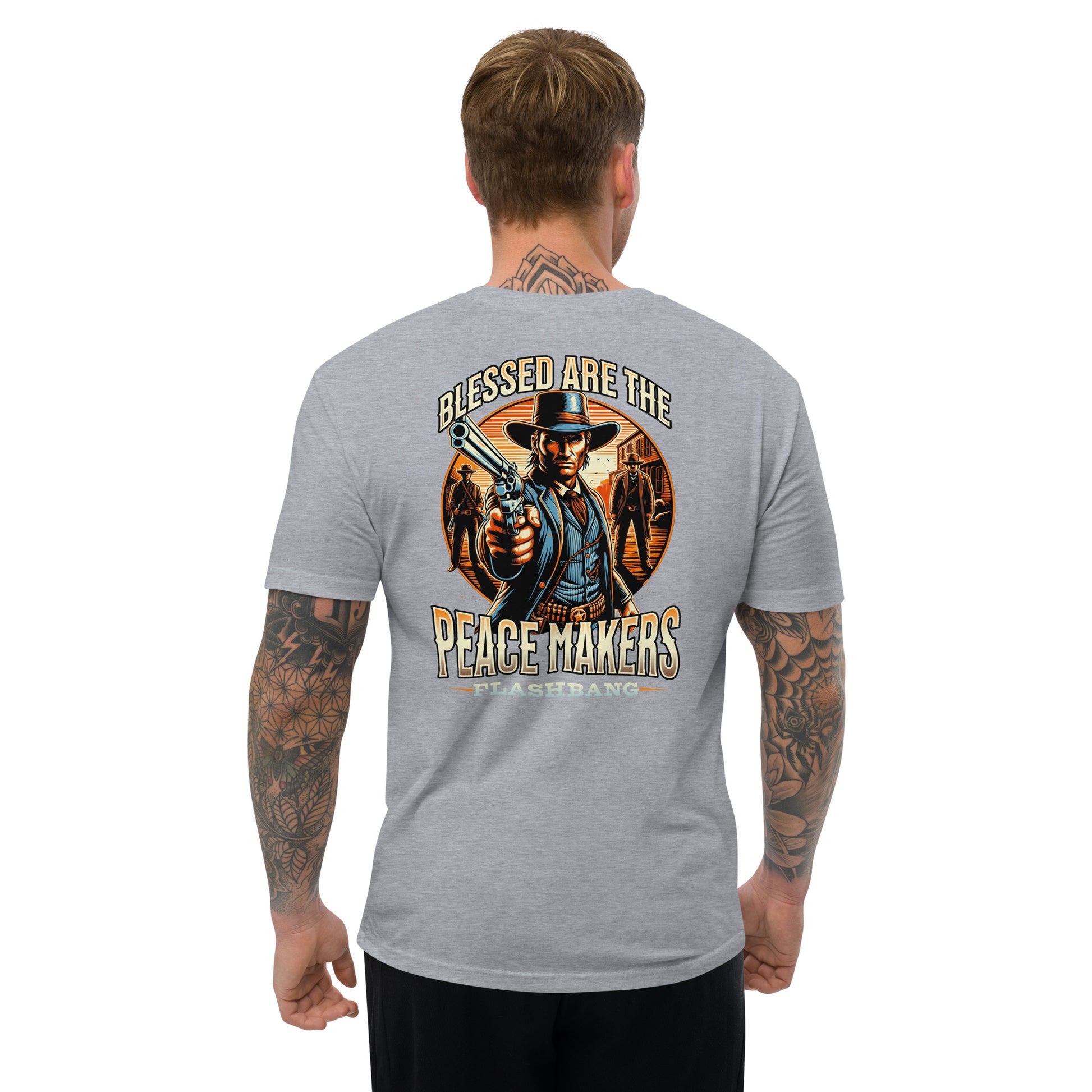 Blessed are the Peacemakers Lite T-shirt with Western design, honoring those who serve and protect with strength and pride - Back View - Heather Grey - Model Guy