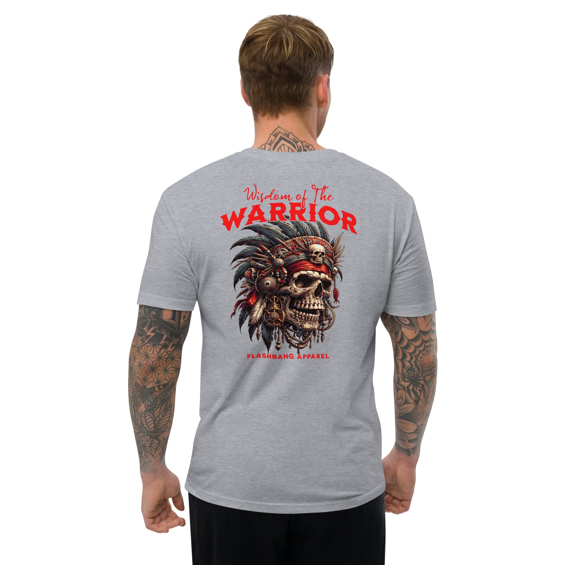 Graphic t-shirt featuring a tribal warrior skull with feathers, gothic design - Back View - Heather Grey - Model Guy