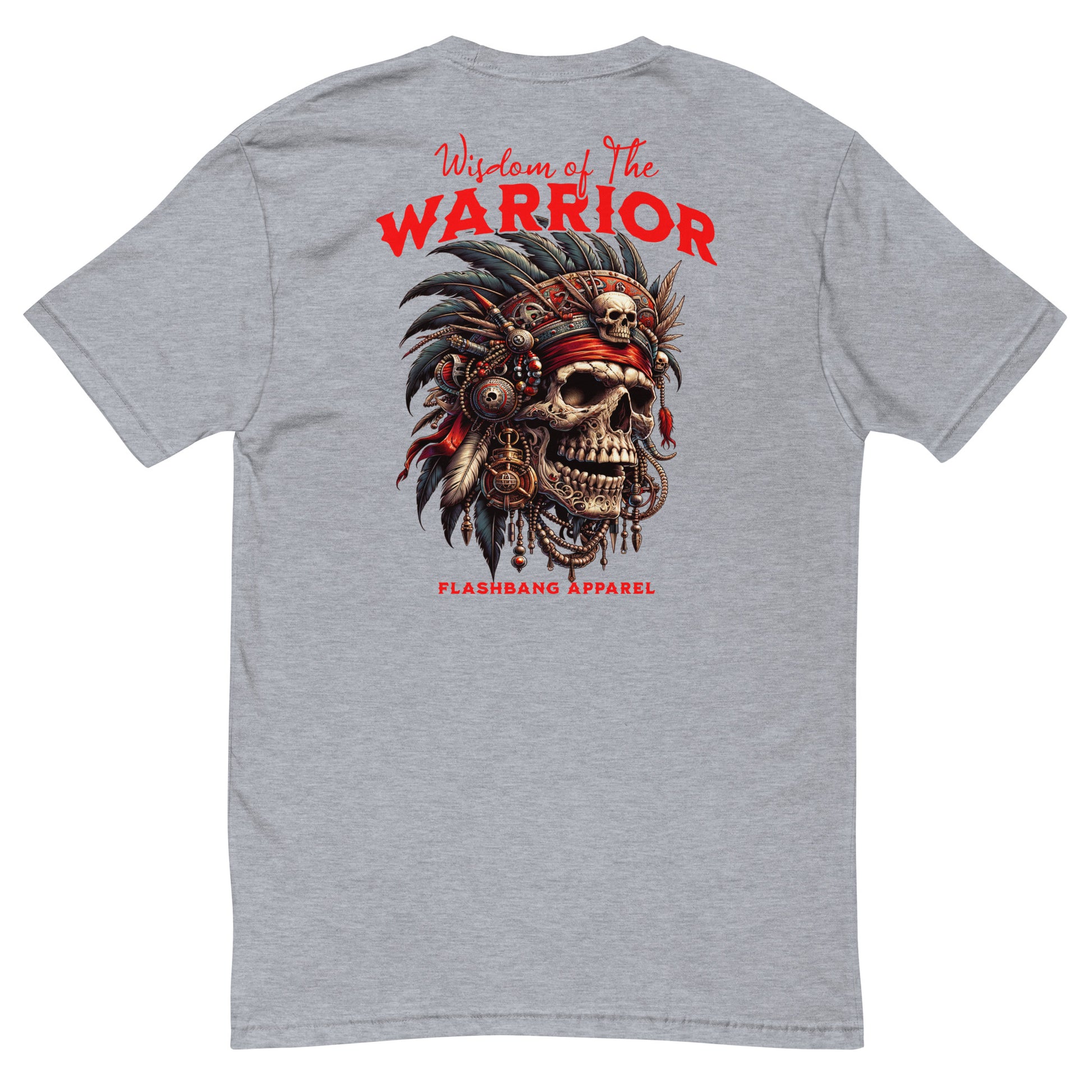 Graphic t-shirt featuring a tribal warrior skull with feathers, gothic design - Back View - Heather Grey