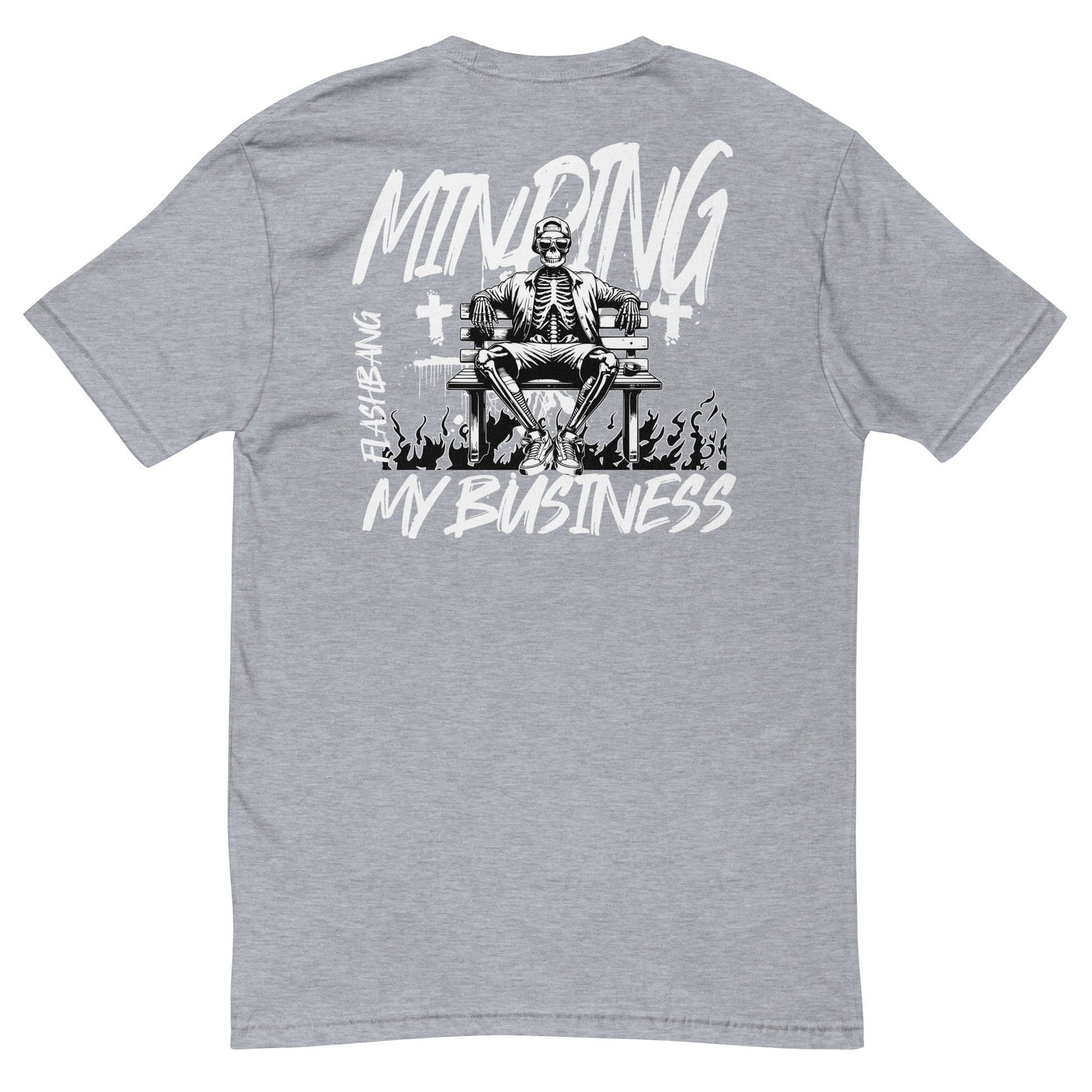 Gray t-shirt with a skeleton on a bench and text 'Minding My Business' on the back.