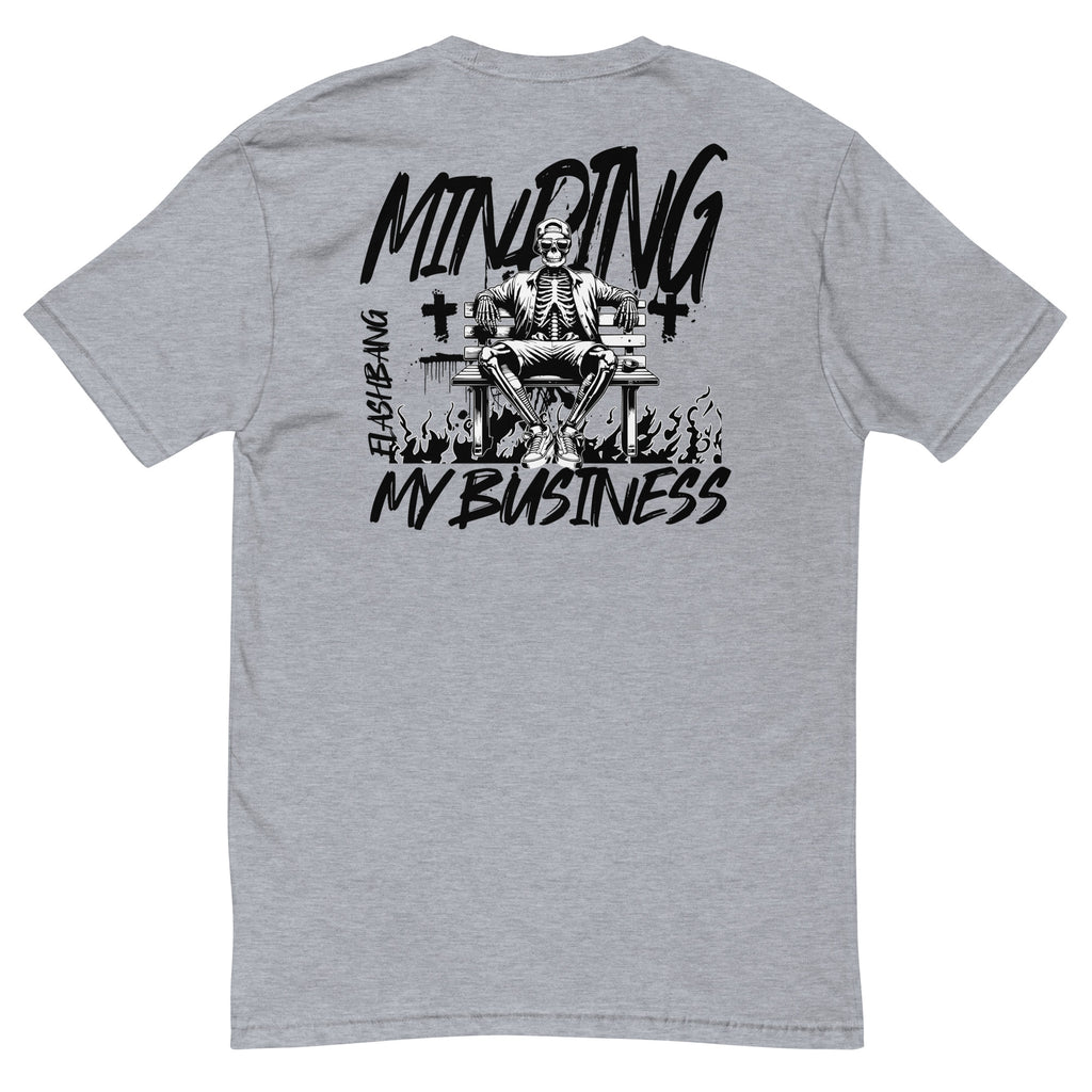 Minding My Business Lite T-shirt with a skeleton graphic and humorous quote - Back View - Heather Grey