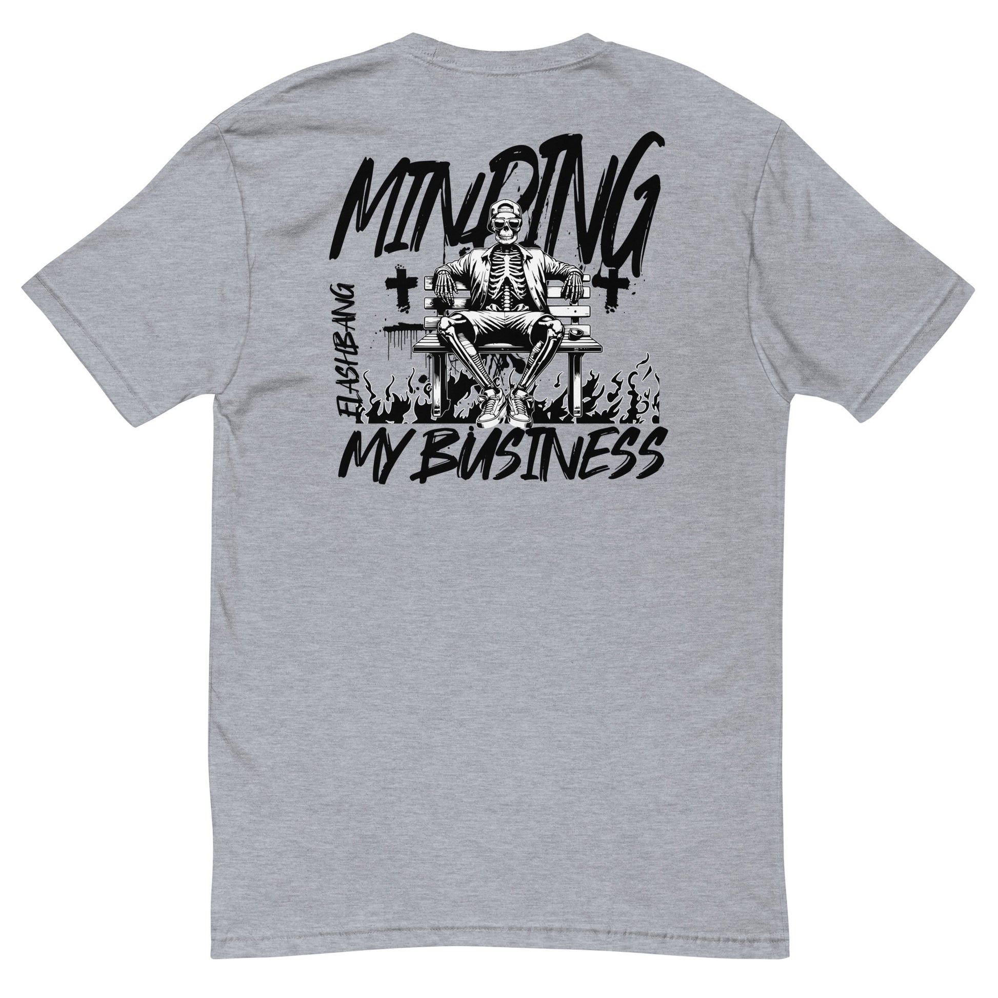 Minding My Business Lite T-shirt with a skeleton graphic and humorous quote - Back View - Heather Grey