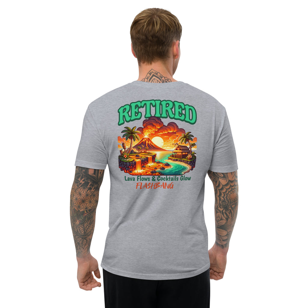 Retired Lite T-Shirt with bold graphic design, perfect retirement tee shirt for veterans - Back View - Heather Grey - Model Guy