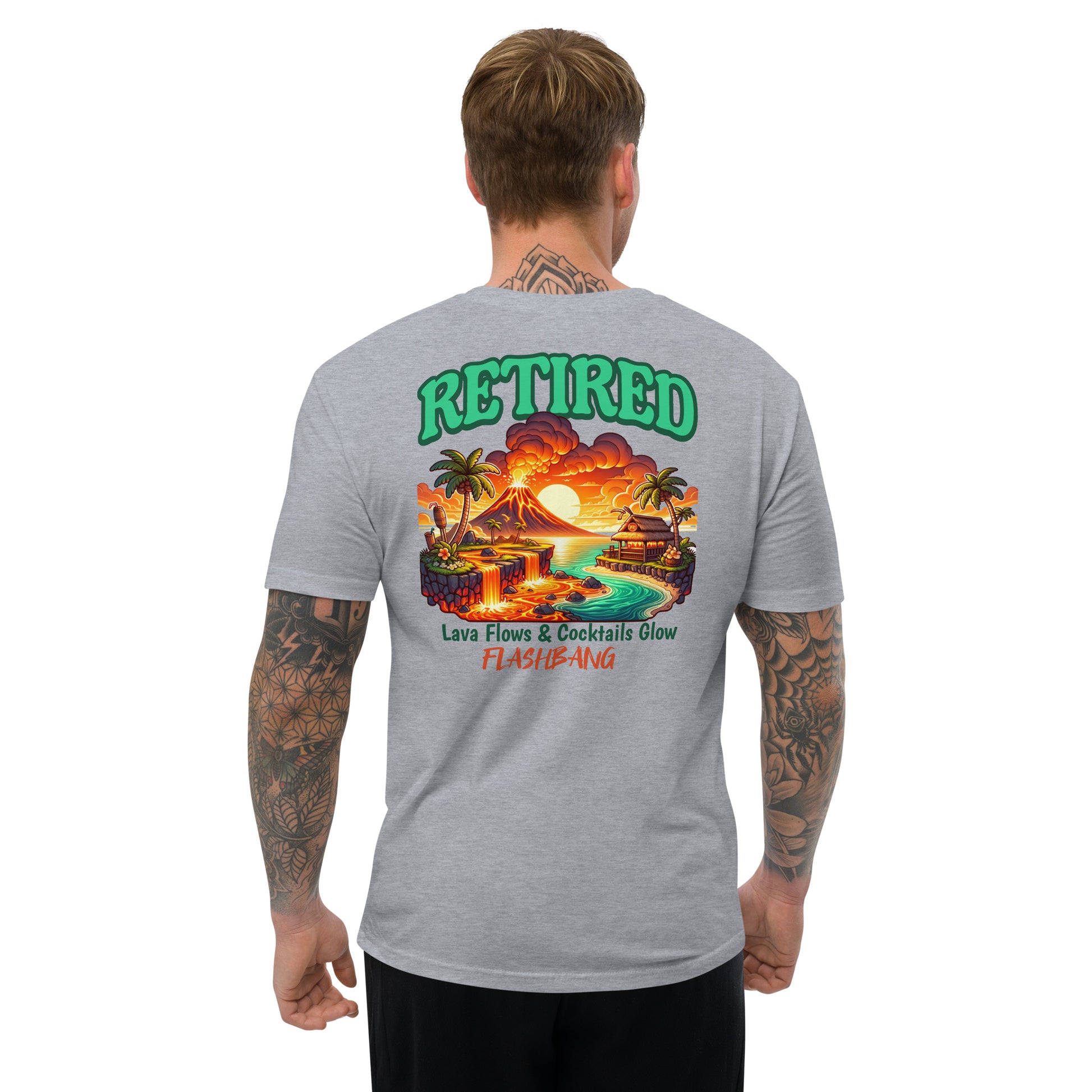 Retired Lite T-Shirt with bold graphic design, perfect retirement tee shirt for veterans - Back View - Heather Grey - Model Guy