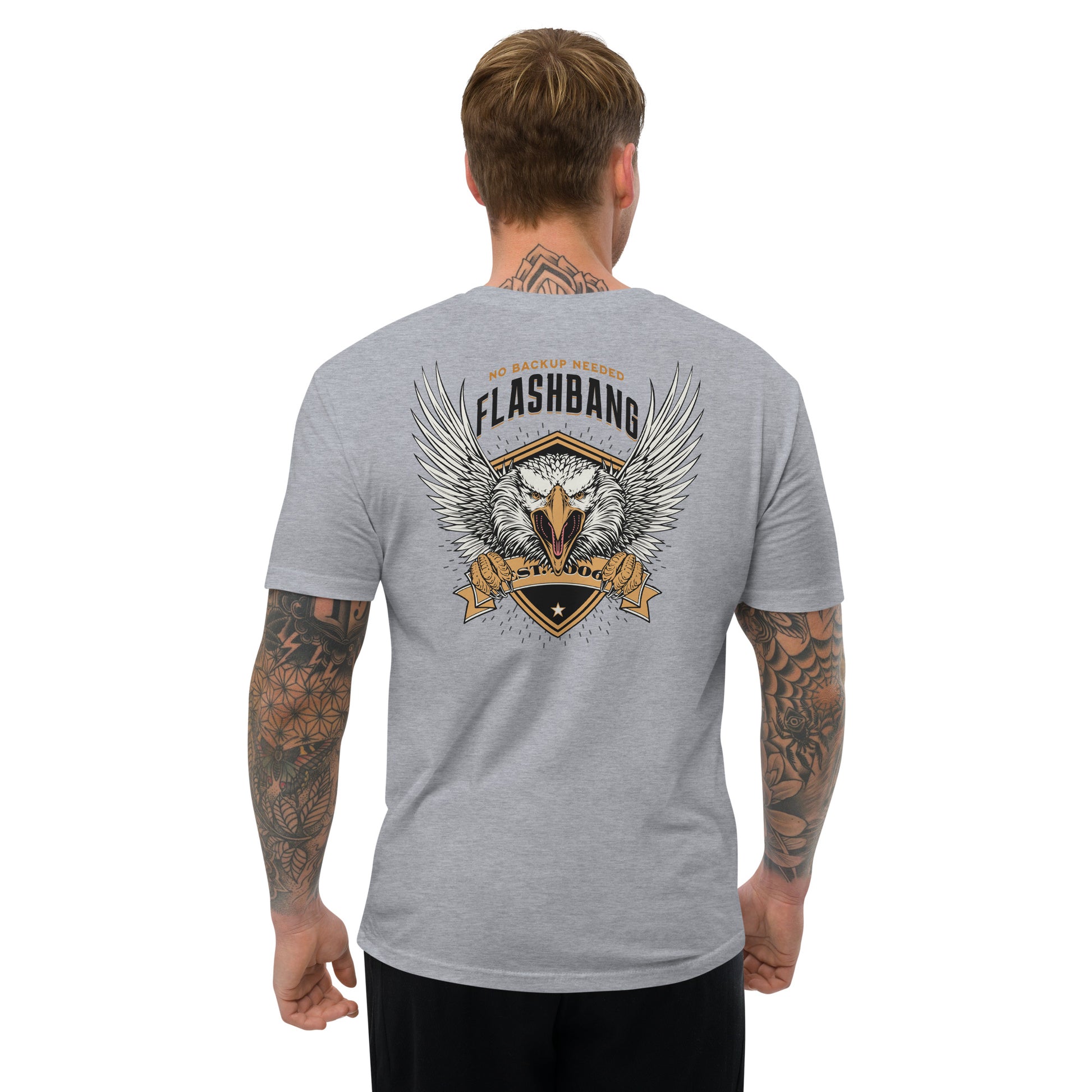 No Backup Needed Lite T-shirt featuring American eagle design - Back View - Heather Grey - Model Guy