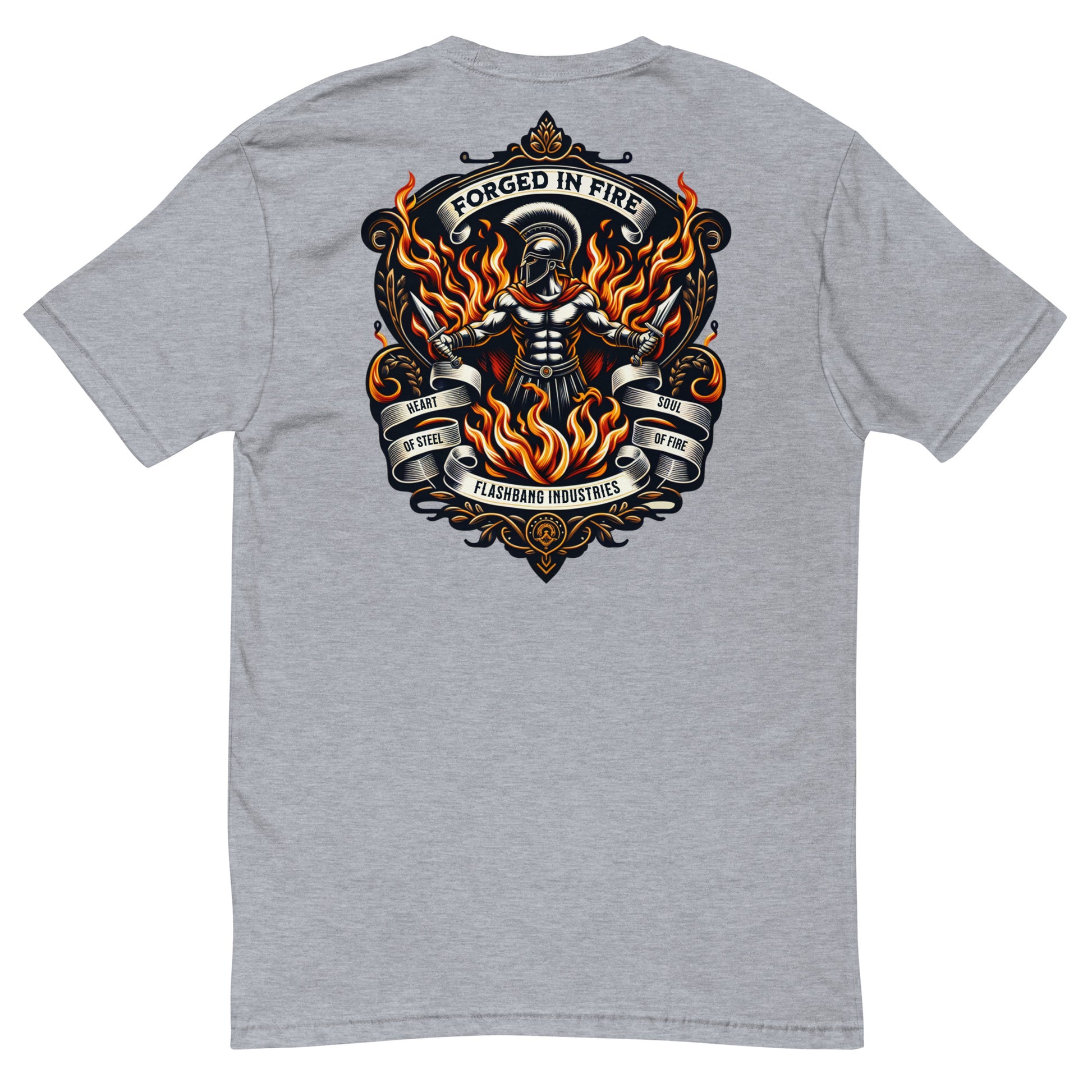 Forged in Fire Lite T-shirt featuring Spartan graphic, ideal for firefighters and those who embody strength and courage - Back View - Heather Grey