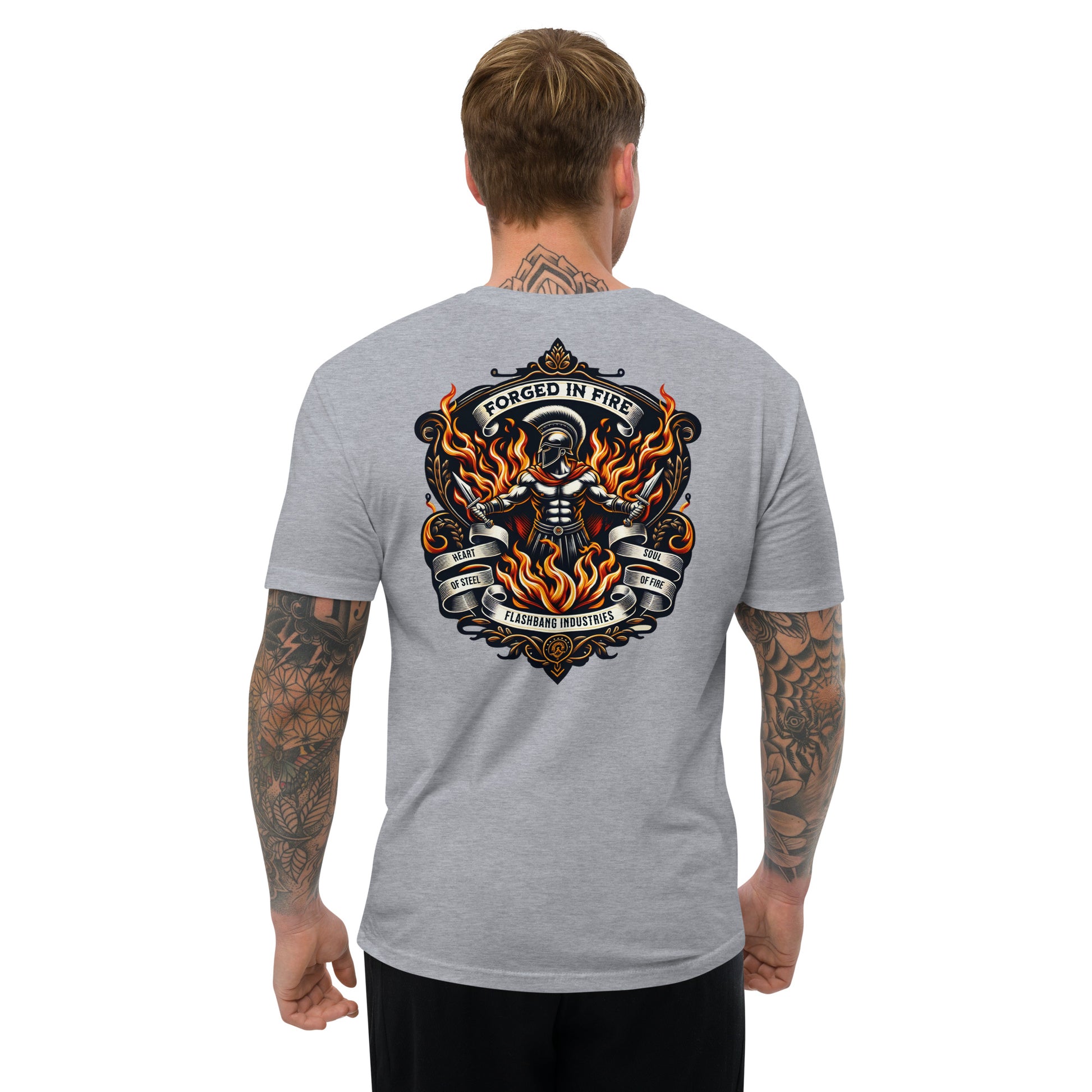 Forged in Fire Lite T-shirt featuring Spartan graphic, ideal for firefighters and those who embody strength and courage - Back View - Heather Grey - Model Guy