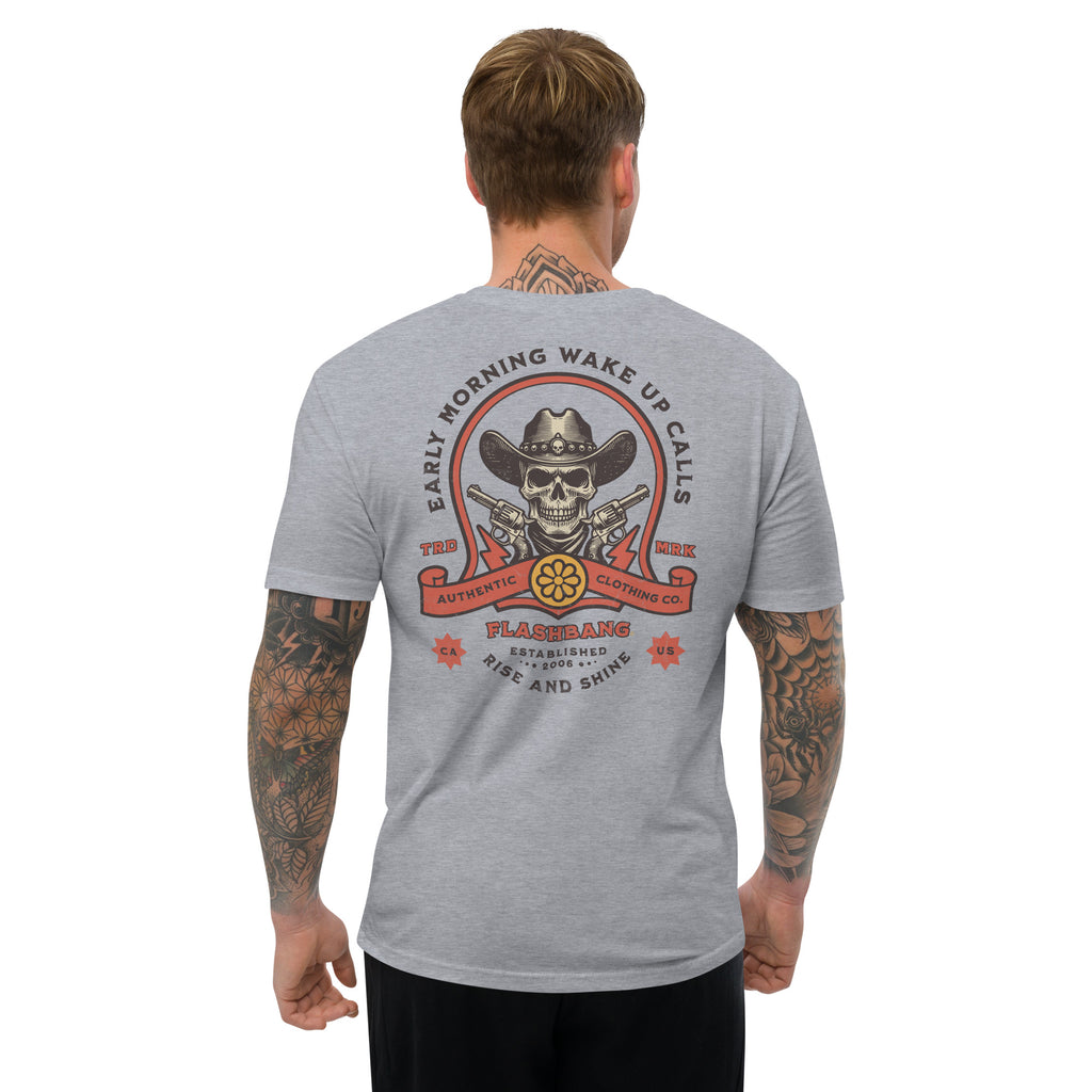 Wake Up Call Lite T-shirt featuring cowboy skull graphic with guns, western style t-shirt - Back View  - Heather Grey - Model Guy